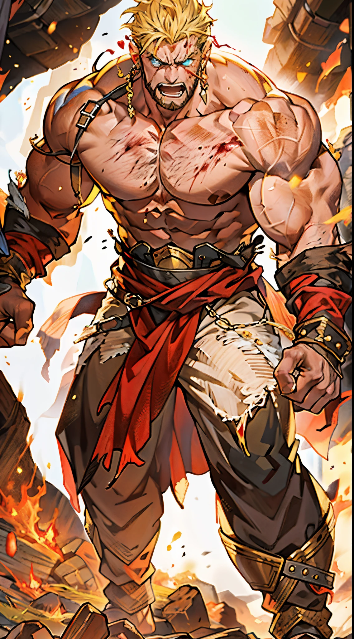 Medieval fantasy Human prisoners in an Orc village breaking down a freshly hunted boar for the tribe to cook later. Sweat. Muscles. Dirt. Worn clothes. Torn clothes. Worn and torn shirt. Bloody hands. Blood stained clothes. Tusks. Crotch bulge. Bulging crotch. Growing muscles. Round ears.