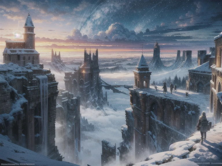 Digital illustration, Detailed and intricate, The panoramic landscape view, Gigantic ancient frozen icy stone tower ruins in the panoramic plateau, Intricate steampunk gigantic frozen icy ruins, Night sky and chilly, Rocky and snowy and foggy, hundreds of Pilgrims and adventurers, Tu Bui art style, Yoshitaka Amano art style, Hayao Miyazaki art style, Masterpiece, Proportional, Detailed, Beautiful lighting, Realistic, Intricate, 4k highest quality, 4K digital painting in the style of Yoshitaka Amano, Beautiful lighting and cinematic composition, Rule of thirds composition