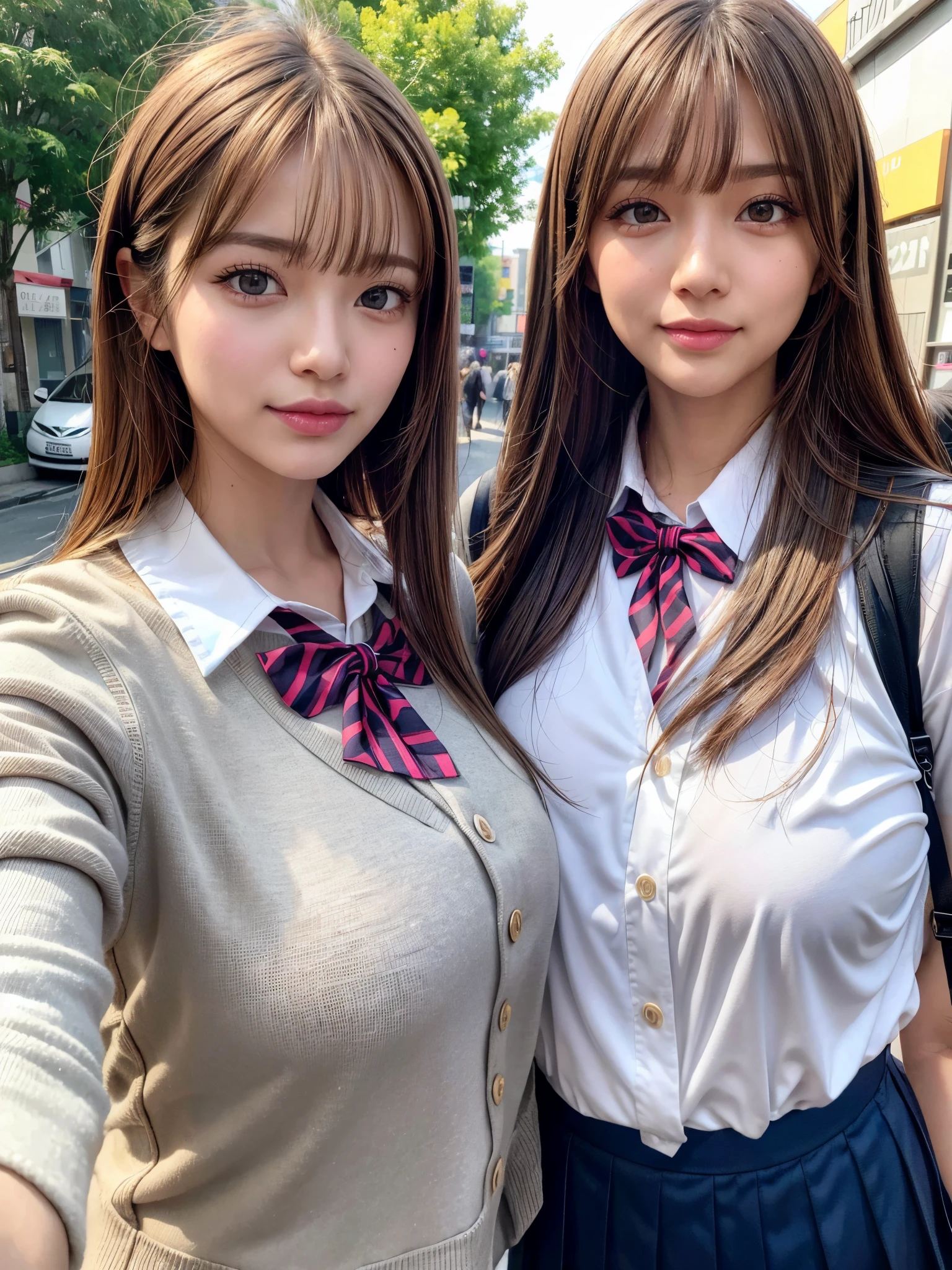 8K,Best Quality, masutepiece, ultra-detailliert, 超A high resolution, Photorealistic, Raw photo, absurderes, absolutely resolution, 1girl in, upperbody shot, Looking at Viewer,a Japanese young pretty woman, hyper cute face, Glamorous figure, Large breasts,Long bob hair,Smile,(School uniform:1.3),Beautiful eyes,(Windy:1.3), Walking down a crowded road with a smile,Glossy lips, Double eyelids in both eyes, Natural makeup, long eyelashes, Glossy smooth light brown long bob hair, asymmetrical bangs, Shiny skin, central image, High resolution, high detailing, detailed hairstyle, Detailed face, spectacular movie lighting, Octane Rendering, Vibrant, Hyper realistic, Perfect limbs, Perfect Anatomy