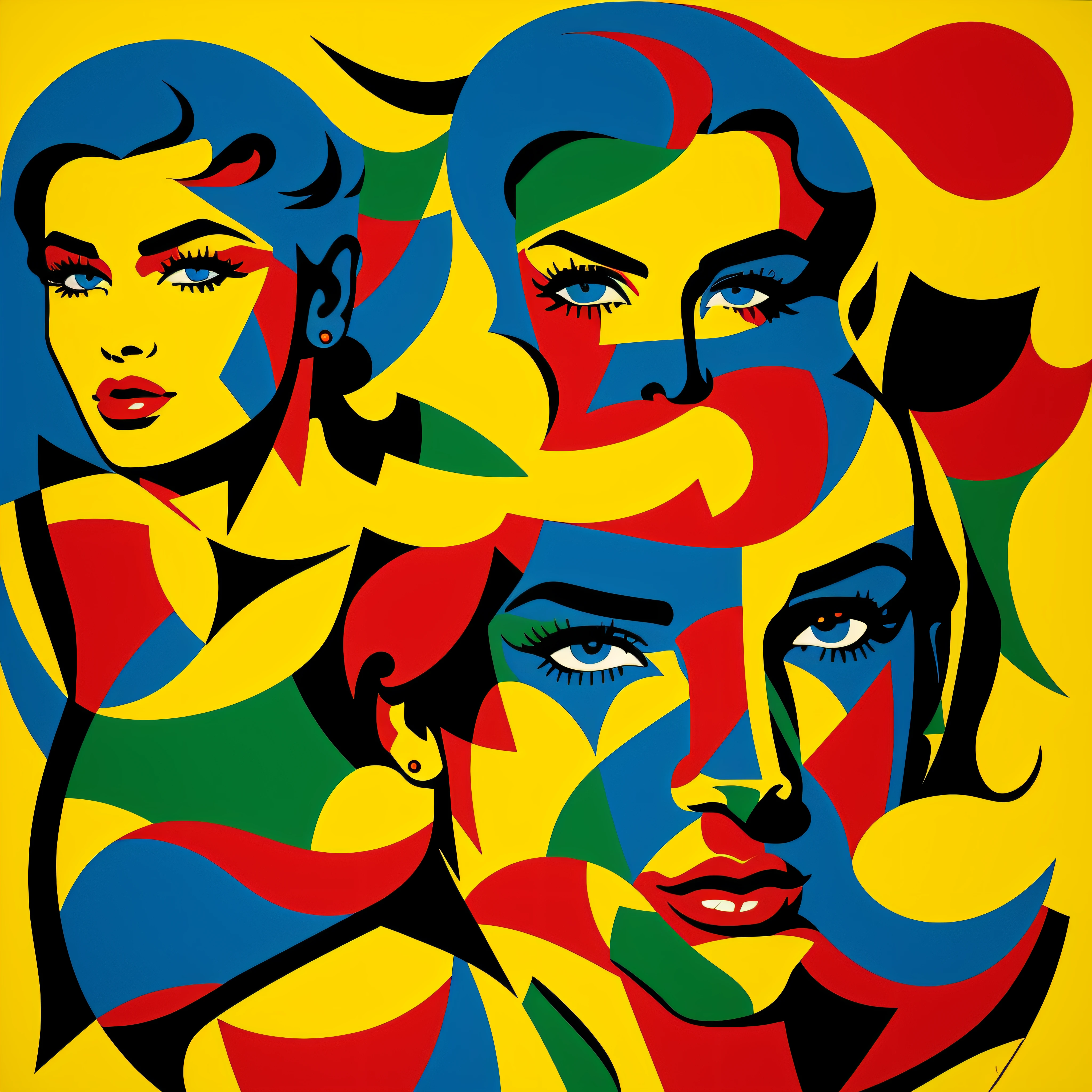 ２Ｄ illustration artwork ,  like a cosmetics advertisement , 4woman,  4 women are composed only of white and black, Female A has a red background ,  Female B's background is yellow ,  Female C's background is blue ,  Female D's background is green ,  black background\whole