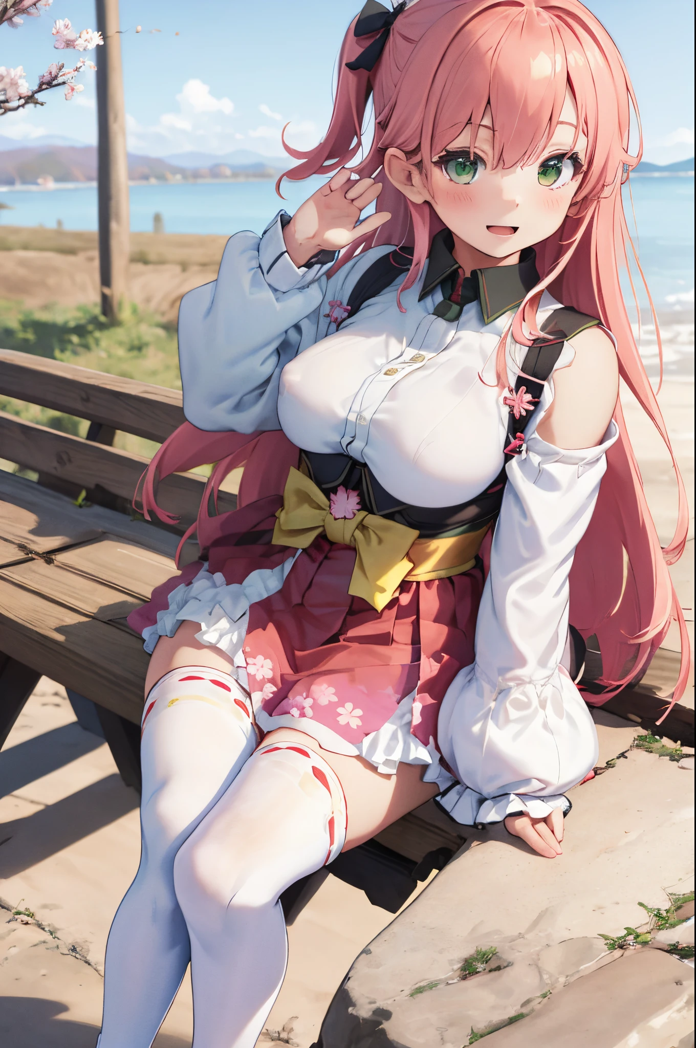 masterpiece, best quality, highres, miko1, sakura_miko, 1girl, (:1.3),medium_breasts, solo, ahoge, x_hair_ornament, pink_hair, floral print, hairclip,(side_less_clothes:1.3), (side_breasts:1.3), hair_bell, floral print, long_hair, hair between eyes, one side up, white_thighhighs, wide sleeves, open_mouth,(happy:1.3),green_eyes,smile,apart_legs,(overly_long_sleeves:1.3),),sleeves_past_wrists,hands_hidden_sleeves,sidelock_clothes,solo,hidden_wrists,(XD:1.5),covered_nipples,sunlight,(bare_flank:1.3),boots,open_mouth,