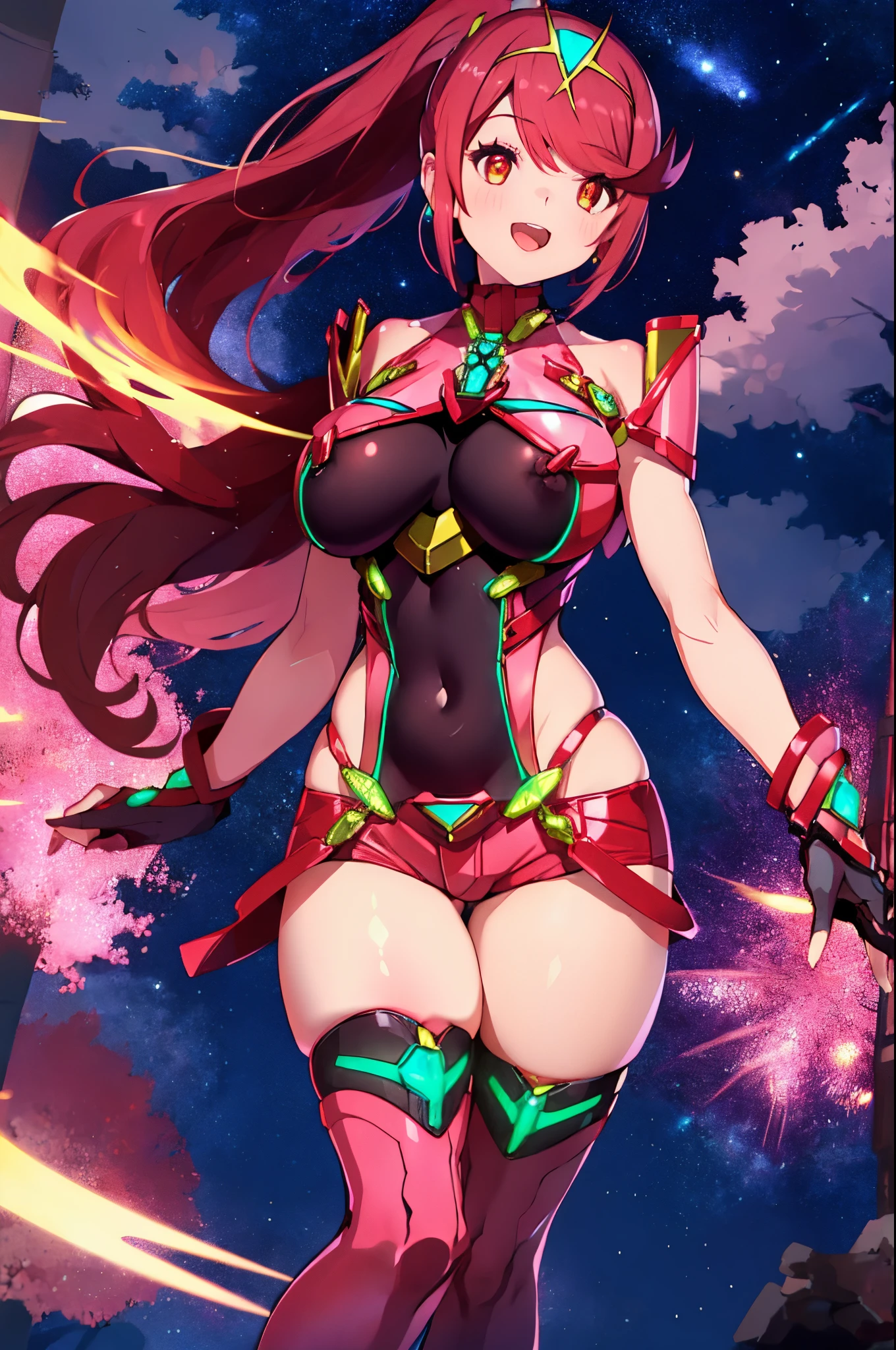pyra \(xenoblade\), _1girl, lolibangs, black gloves, breasts, red eyes, shout, earrings, eyelashes, fingerless gloves, floating hair, , gem, gloves, hair ornament, headpiece, jewelry, gigantic_breasts, leaning back, swimsuit, neon trim, official art, pose, red hair, saitou masatsugu, short hair, sidelocks, skin tight, solo, swept bangs, thighhighs, tiara, fantasy_town_background, underbust, xenoblade chronicles \(series\), (xenoblade chronicles 2), (spread_legs:1.1), fire_effect,dynamic_pose,fighting,light_smile, (plump:1.1), big_ass,huge_sword, hold_large_sword_hilt, covered_nipples, covered_pussy, fists,ponytail,beautiful_fingers,(solo:1.1), bare_shoulder,(shoulder_naked:1.2), nipple_jewel,back, back_view, focus_ass,ass, (very_short_shorts:1.3),(lise_leg:1.4)