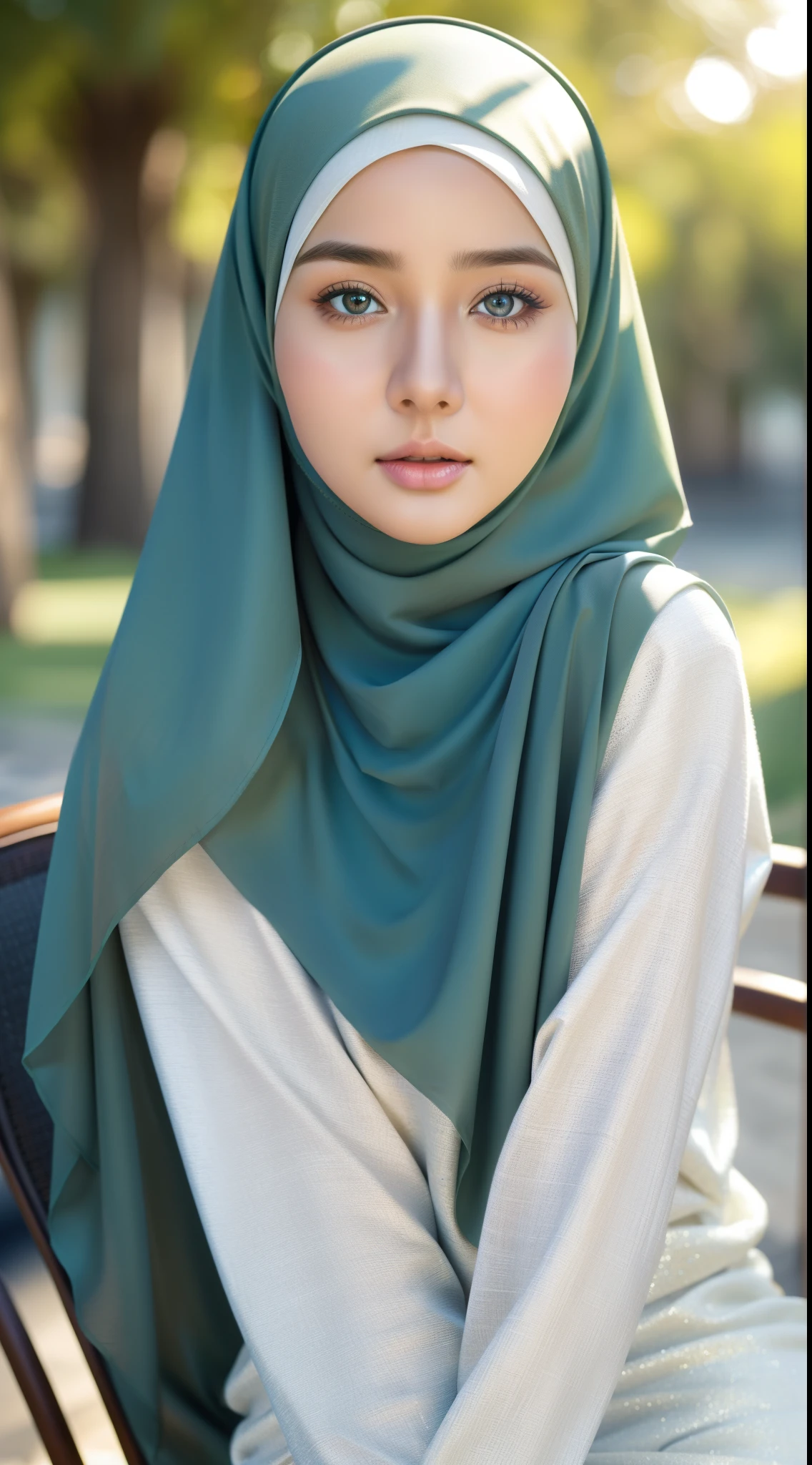 1girl, solo, beautiful face, high detailed realistic eyes, double eyelids, high detailed realistic pupils, (upon body from head to waist:1.36), (wearing hijab:1.37), (moslem headscarf:1.37), reading glasses, sitting alone on a long chair, amazing mosque park background, taj mahal, best quality, masterpiece, highres, black and white moslem female dress, Beautiful face, (upon body from head to waist:1.35), tyndall effect, photorealistic, dark studio, two tone lighting, 8k uhd, dslr, soft lighting, high quality, volumetric lighting, candid, Photograph, high resolution, 4k, 8k, Bokeh, (hyperrealistic girl), (illustration), (high resolution), (extremely detailed), (best illustration), (beautiful detailed eyes), (best quality), (ultra-detailed), (masterpiece), (wallpaper), (photorealistic), (natural light), (rim lighting), (detailed face), (high detailed realistic skin face texture), (anatomically correct), (heterochromic eyes), (detailed eyes), (sparkling eyes), (dynamic pose), (hair completely covered by the hijab:1.35), looking to viewer