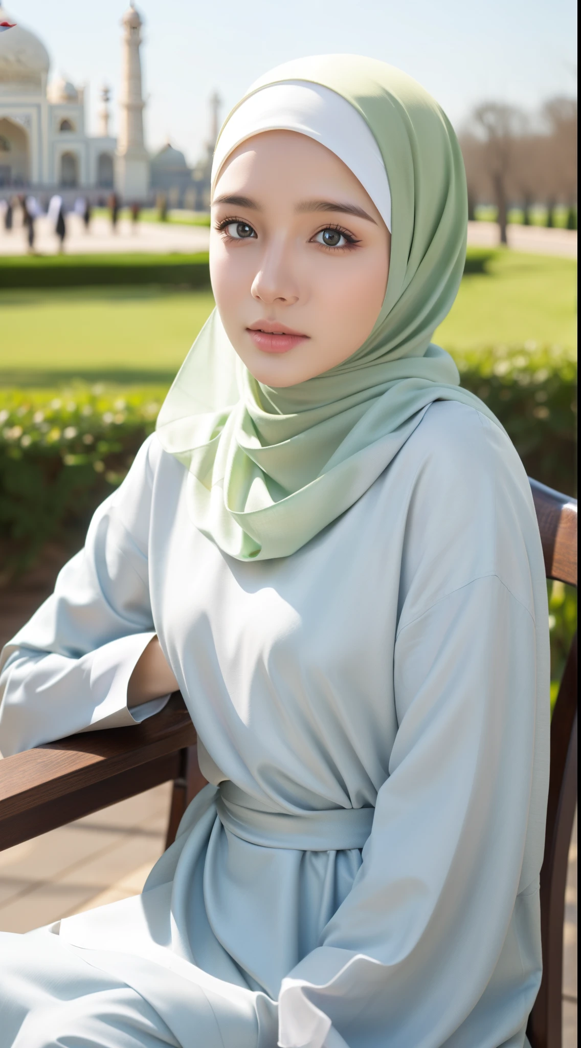 ((best quality)), ((masterpiece)), 1 girl, perfect face, indonesia, hijab, sharp nose, smile, half body, sits in a cafe