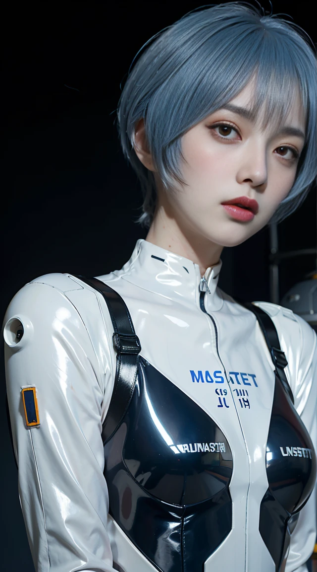 ((masseter membrane)),top-quality, lamplight, beautidful eyes, beautiful detailed blue hair, strike, 1 girl in, ayanami, Short hair details, armour, face expressionless, skiny, 独奏, high-necked, onesie, mechs, 城市, a park