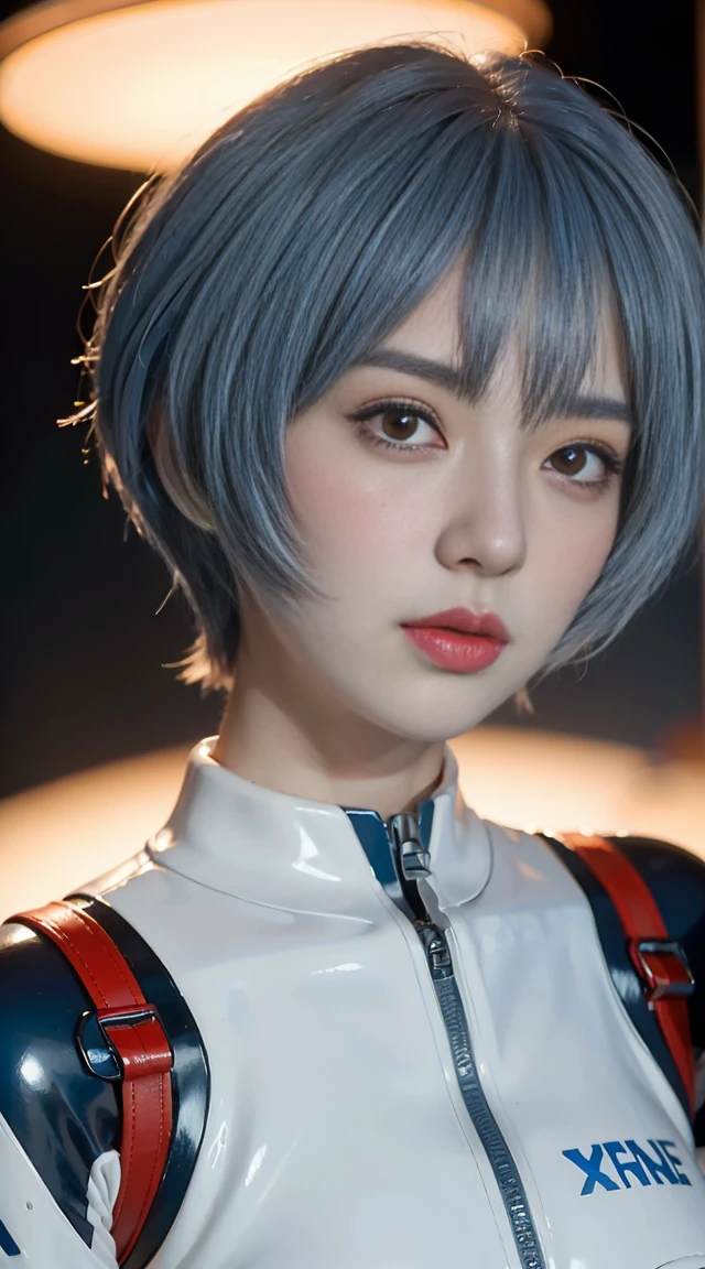 ((masseter membrane)),top-quality, lamplight, beautidful eyes, beautiful detailed blue hair, strike, 1 girl in, ayanami, Short hair details, armour, face expressionless, skiny, 独奏, high-necked, onesie, mechs, 城市, a park