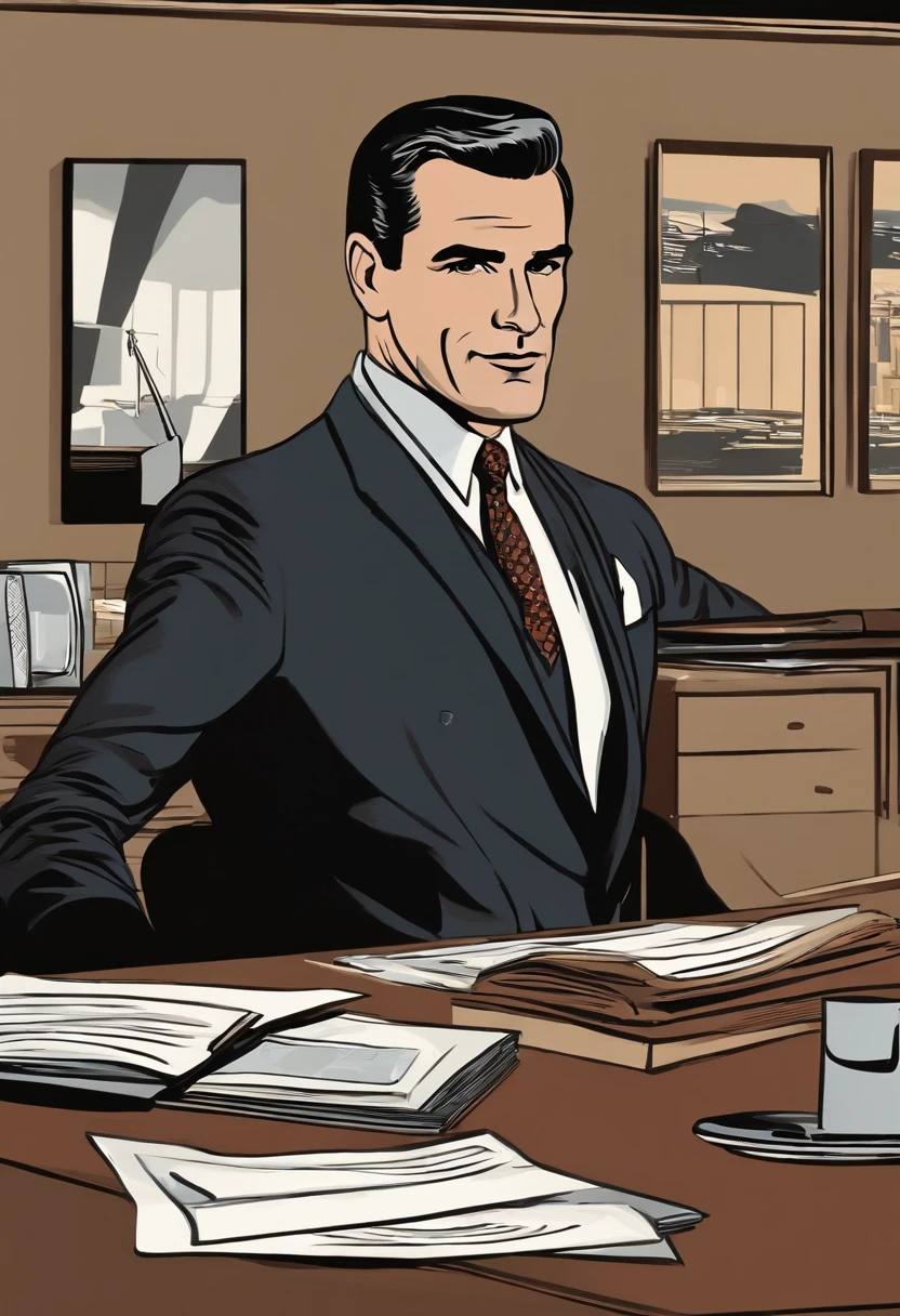 A sleek, professional photo of a well-organized desk with a cup of black coffee and a stack of paperwork,Mad Men TV Series,Don Draper, the enigmatic protagonist of the TV series “Mad Men,” is the epitome of 1960s advertising glamour with a complex and often mysterious persona. He is typically seen in impeccably tailored suits, symbolizing his high status in the advertising world and his attention to appearance as a tool for success. Draper’s classic, handsome features, characterized by a strong jawline and slicked-back hair, add to his charismatic yet inaccessible aura., male