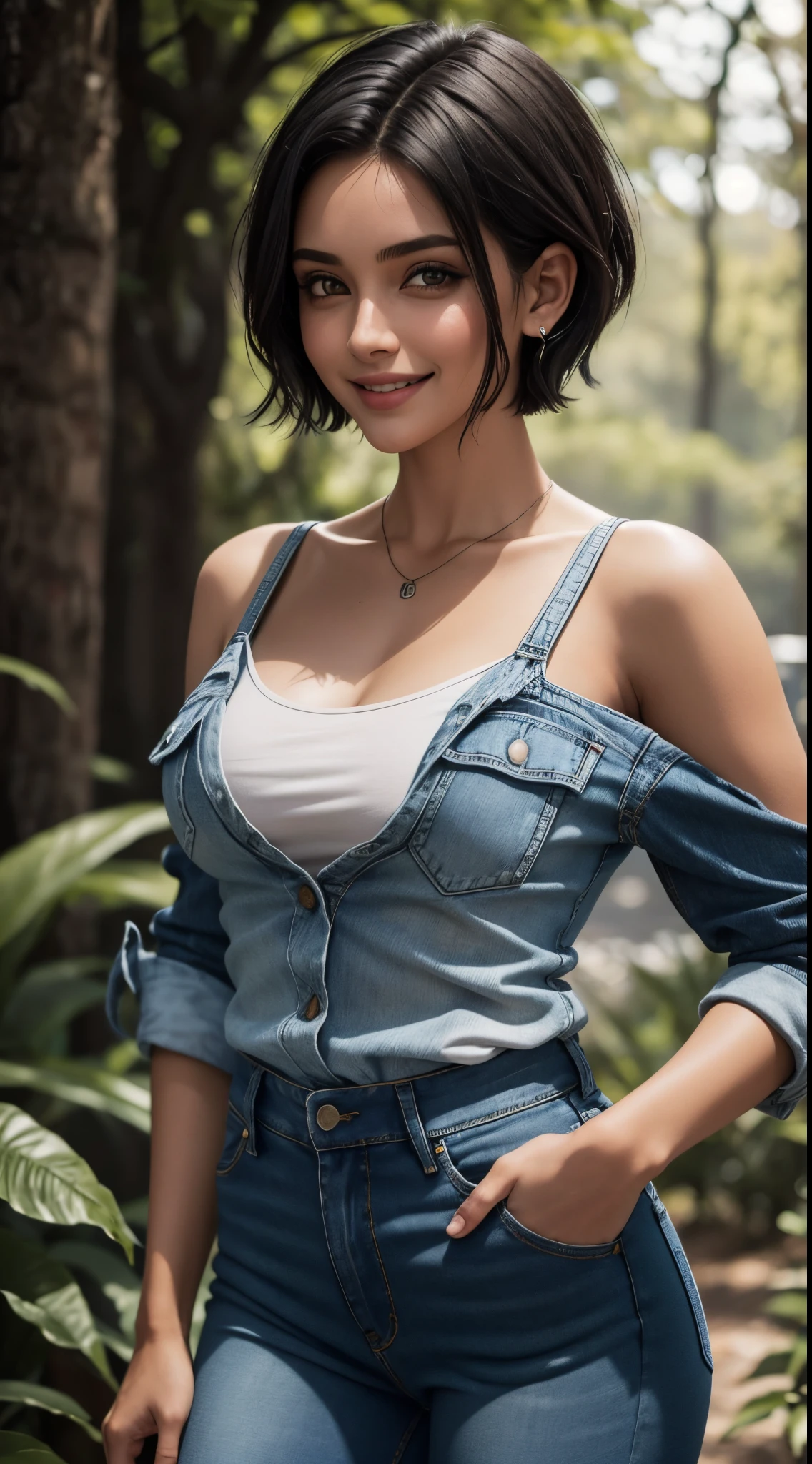 uma jovem de cabelo preto, olhos verdes, short hair up to the shoulders, ela esta na floresta, ela esta de roupa, Denim Jeans Pants, camisa e blusa, she is happy, melhor fotografia, obra prima, luz cinematografica, She's smiling