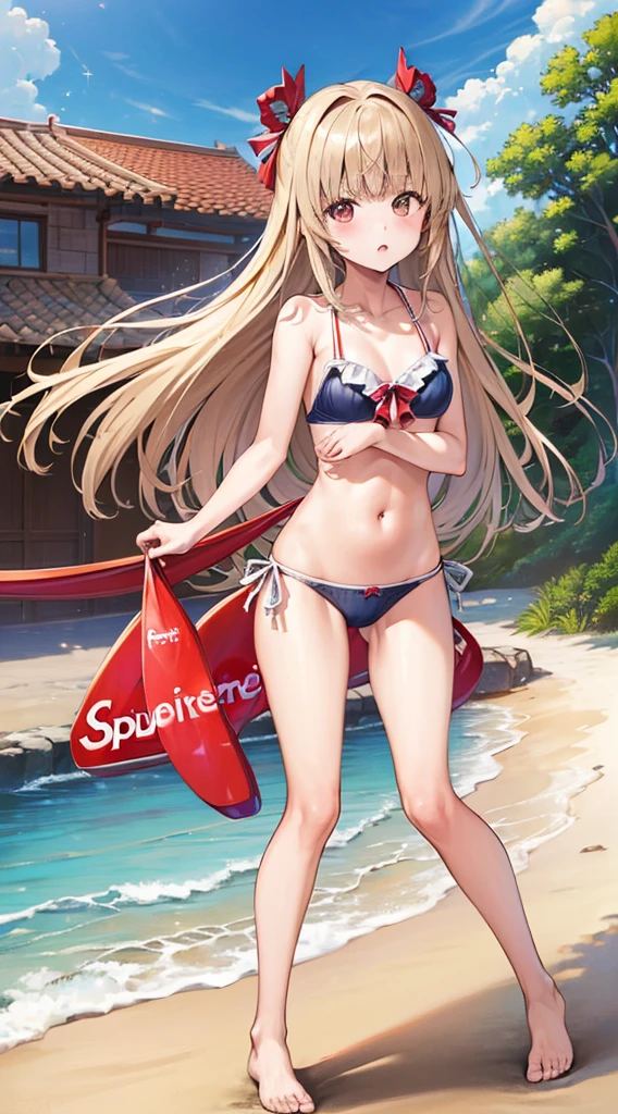 (Incredibly ridiculous absolute resolution:1.5)、(supreme: 1.5)、(top-quality: 1.5)、hight resolution、Midday Shiina、flaxen hair、one delicate naked girl、The bikini、the beach、maikurobikini、crouching down、M-shaped legs、