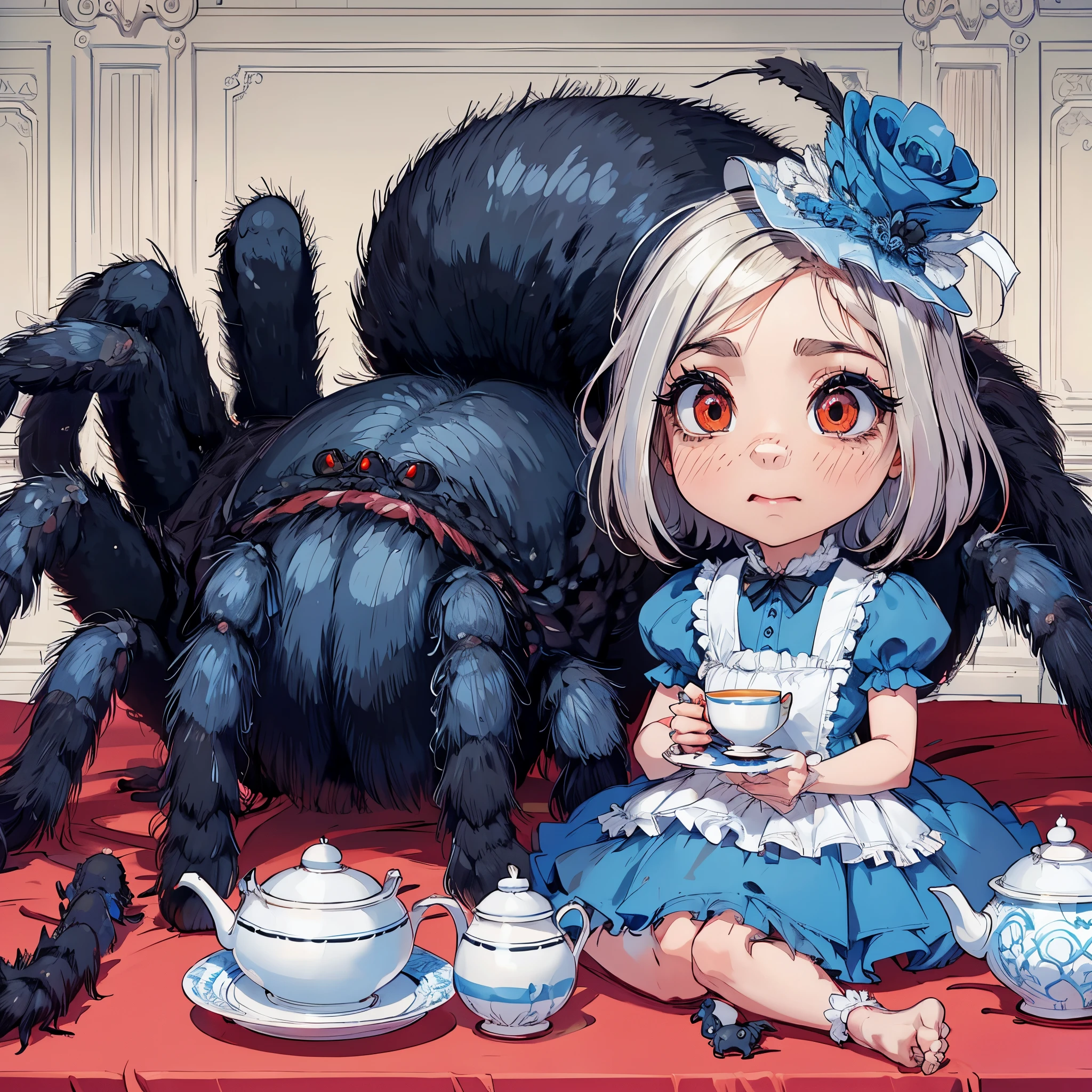 A girl and a big tarantula. A black and blue glossy tarantula. The girl's eyes are red. Tea party. Inside the mansion.