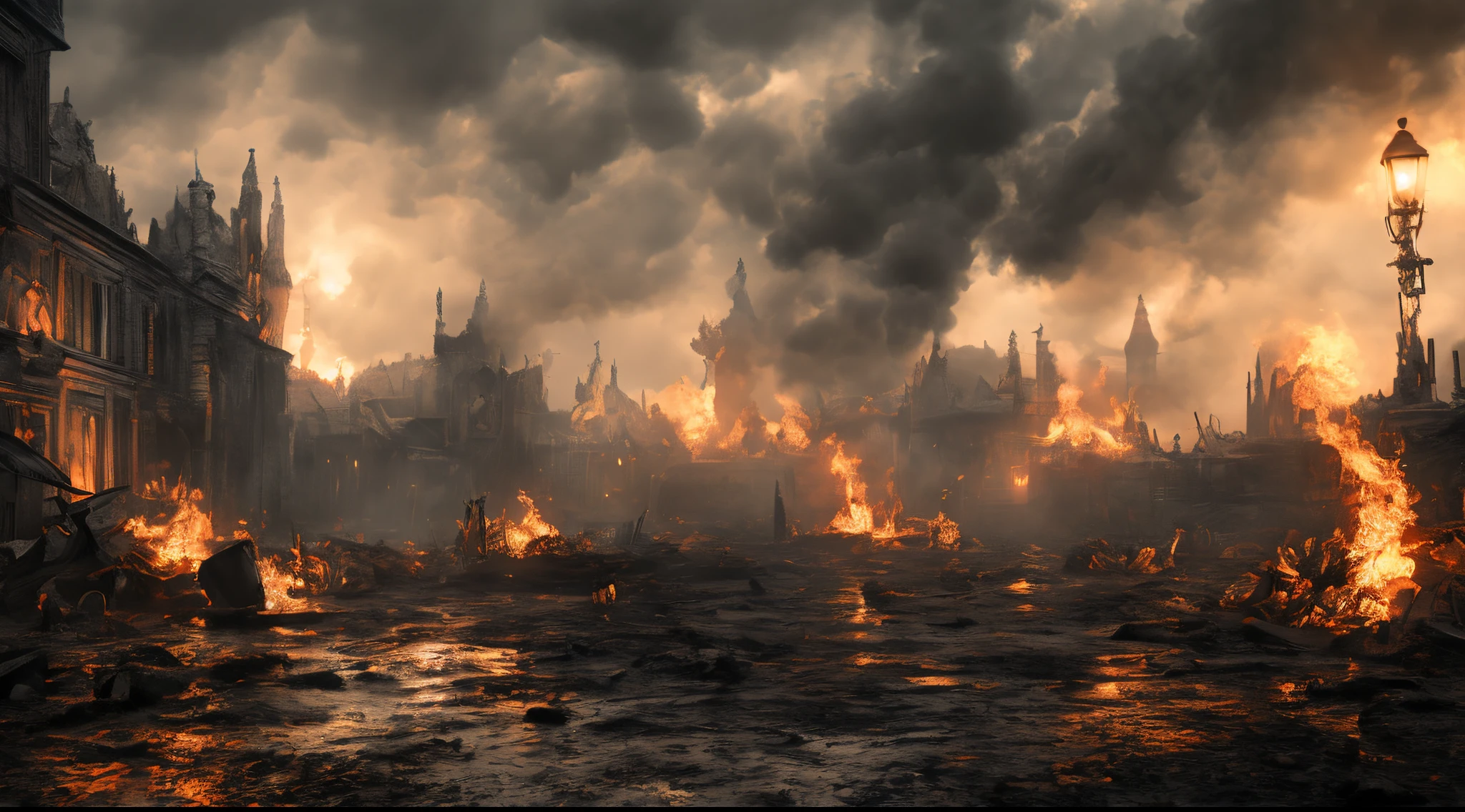 (city burning down like in doom eternal, fire, purple fire, blue fire), (best quality, 4k, highres, masterpiece:1.2), ultra-detailed, realistic:1.37, HDR, studio lighting, extreme detail description, vivid colors, bokeh, concept art, dark color scheme, dramatic lighting