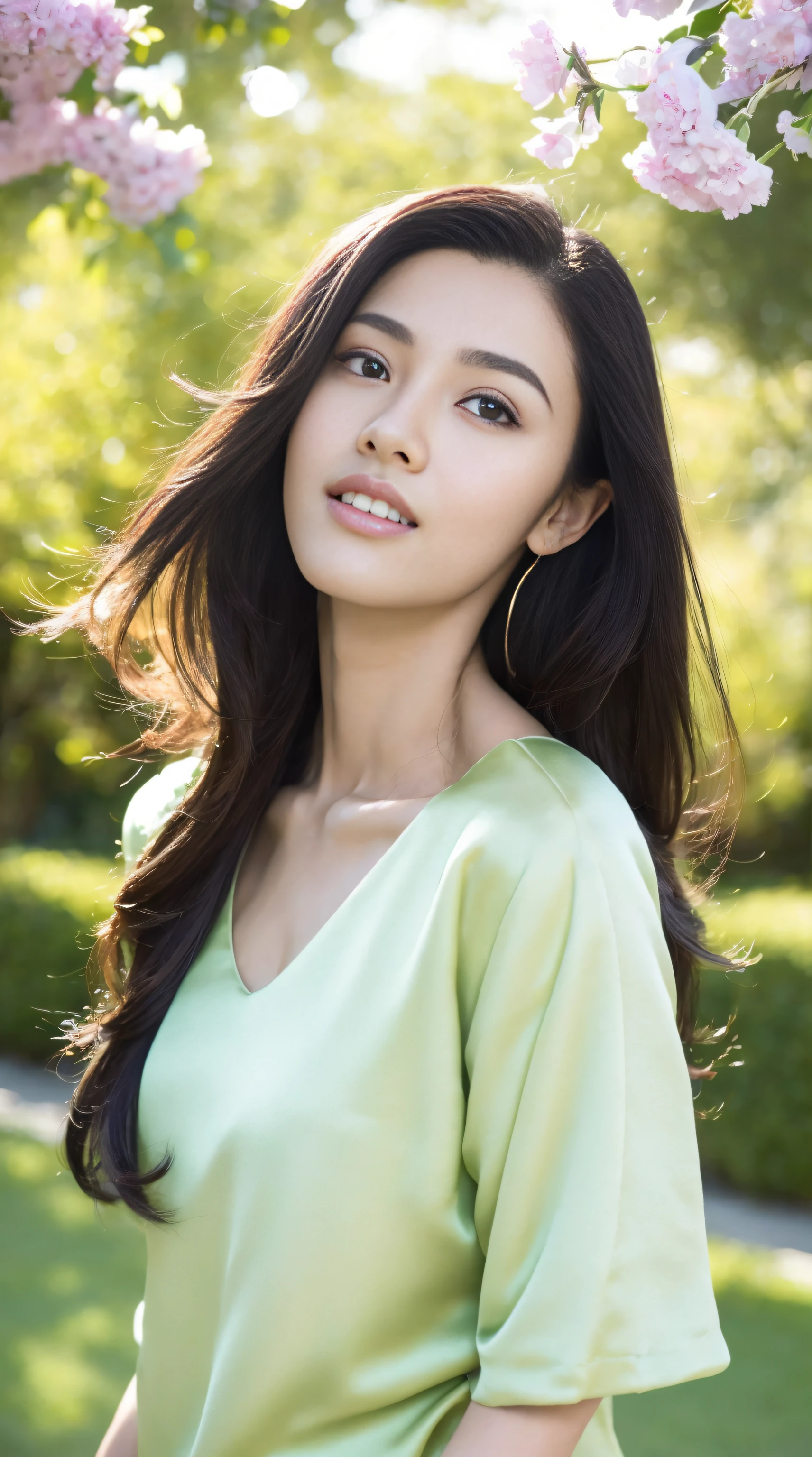 Fashion model 18 years old [[[[Close-up cleavage]]]], [[[[climaxing]]]], [[[[rapeseed]]]], [[[[bshoulders]]]], perfect  eyes, Perfect iris，perfect lips，perfect teeth，Perfect Skin，with fair skin，HighDynamicRange，Movie Girl，(delicated face)，(Highly defined faces)，Pink casual wear，The background is green trees，fresh flowers，4K Ultra HD, 超高分辨率, (realistically: 1.4), Best quality at best，tmasterpiece，（pastel colour：1.2）