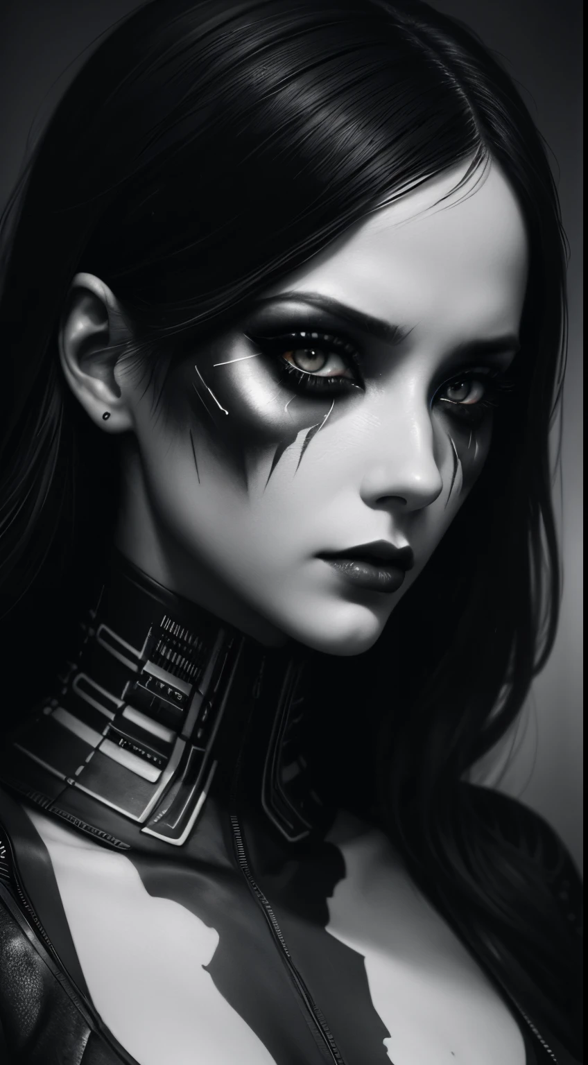 a digital painting of a woman with black and white makeup, cyberpunk art by Anna Dittmann, cgsociety, gothic art, dystopian art, detailed painting, behance hd, deep photography, Ilford HP5 film, crushed blacks, depth of field, dark photo, film grain, shadows, natural light