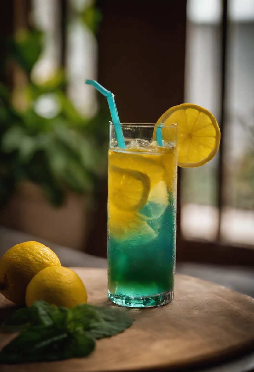 (No one) A soft drink containing lemon, mint leaves, and bubbles. The yellow fades to blue. It's cool. There are colored straws, ice cubes, placed on a green leaf, outdoors, a clear blue sky, beautiful clouds