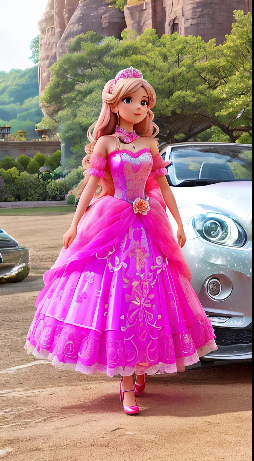 there is a woman standing in front of a car with a pink dress, wearing a pink ballroom gown, wearing pink floral gown, brilliant pink ball gown, wearing organza gown, wearing a magnificent dress, * colour splash *, dressed in a pink dress, having fun. vibrant, edited, wearing long gown, dressed beautiful gown, wearing a pink dress, wearing an evening gown