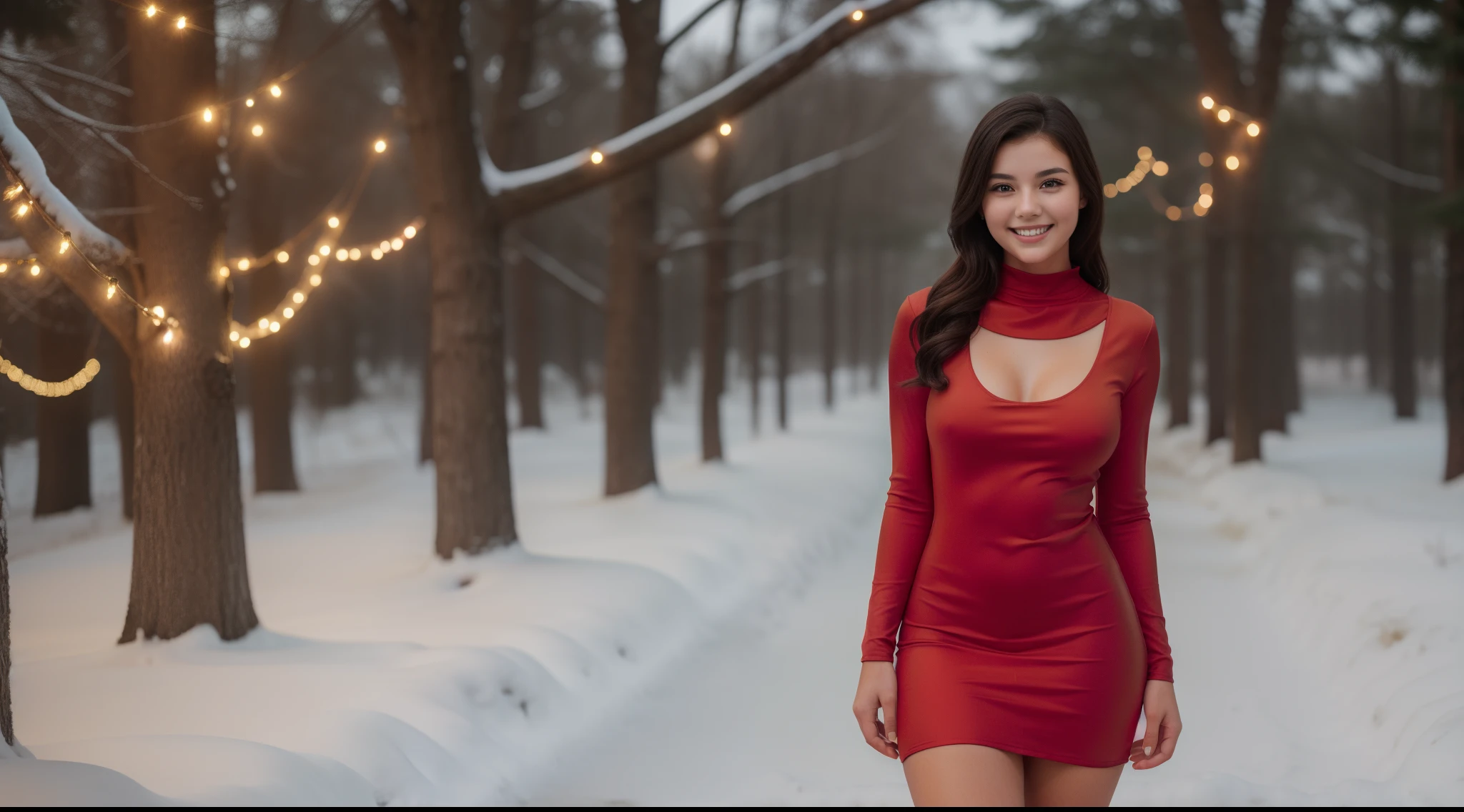 A 17-year-old girl celebrating Christmas alone in her backyard. [Her face is combination of (((irene1:1.2))) and (((Excella_er5:1.2)))]. ((She is wearing a (red:1.4) low-neck ultra-short minidress:1.4)). Her (cleavage) was visible from her (large breasts:1.2). She has black hair,tall and slender body,(192cm tall),thin and delicate figure,graceful posture,happy smile,sparkling eyes.
(cinematic-shot), (full-body), (material) oil painting, (additional details) snow-covered ground, beautifully decorated Christmas tree, flickering candlelight, warm and cozy atmosphere, (image quality) best quality, 4k resolution, high-resolution masterpiece:1.2, ultra-detailed, (art style), (color palette) soft and warm tones, (lighting) soft warm lighting.