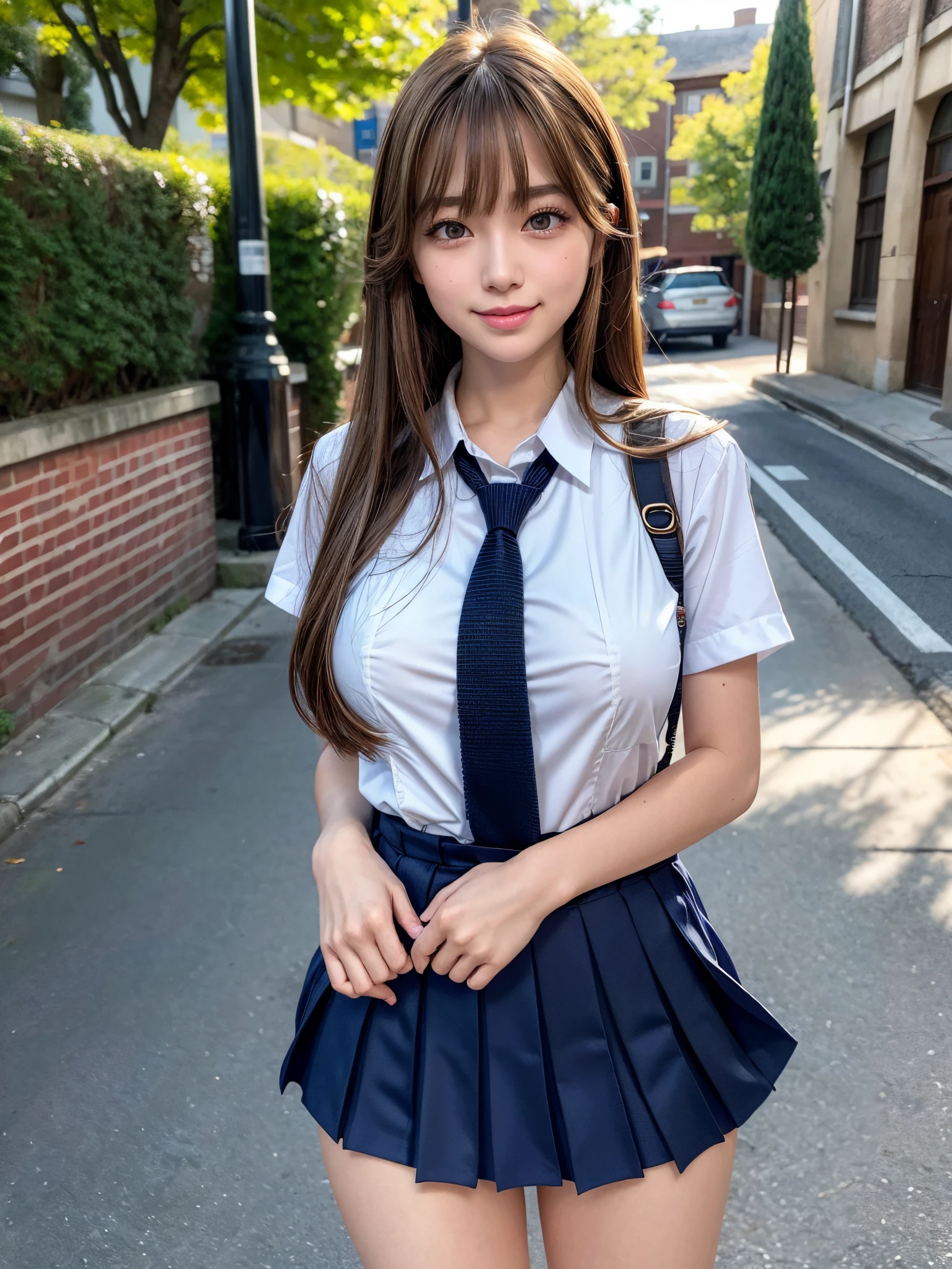 8K,Best Quality, masutepiece, ultra-detailliert, 超A high resolution, Photorealistic, Raw photo, absurderes, absolutely resolution, 1girl in, upperbody shot, Looking at Viewer,a Japanese young pretty woman, hyper cute face, Glamorous figure, Large breasts,Long bob hair,Smile,(School uniform:1.3),Beautiful eyes,(Windy:1.3), Walking down a crowded road with a smile,Glossy lips, Double eyelids in both eyes, Natural makeup, long eyelashes, Glossy smooth light brown long bob hair, asymmetrical bangs, Shiny skin, central image, High resolution, high detailing, detailed hairstyle, Detailed face, spectacular movie lighting, Octane Rendering, Vibrant, Hyper realistic, Perfect limbs, Perfect Anatomy