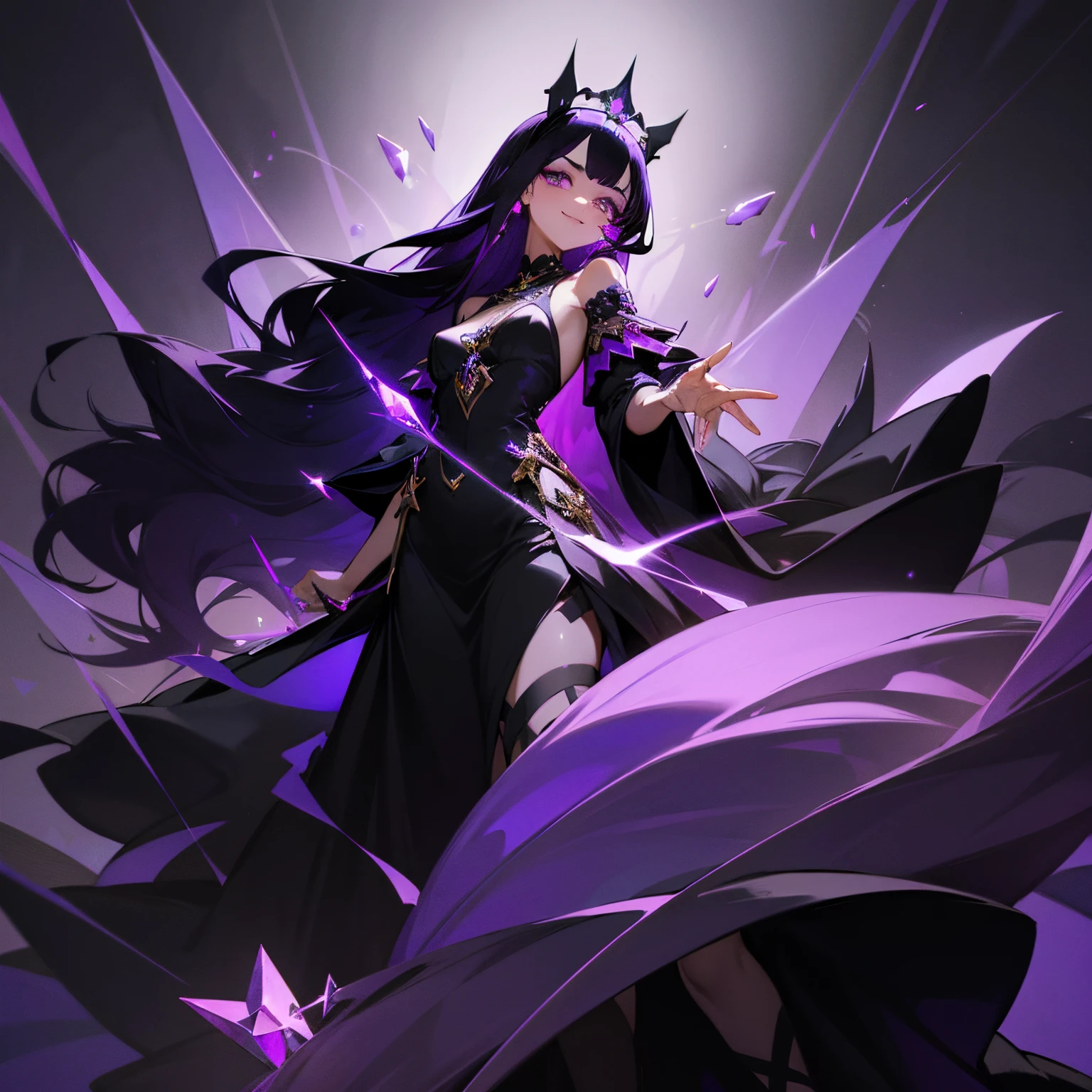 Beautiful and elegant girl,Black Purple Hair,Wearing long hair,Wearing a black crown,Charming deep purple eyes,black long dress,divine smile,Suspended purple crystal,k hd,Gray-purple background,wanting,ellegance,high qulity