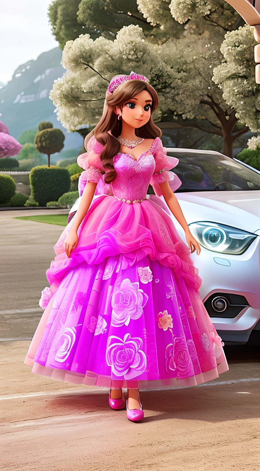 there is a woman standing in front of a car with a pink dress, wearing a pink ballroom gown, wearing pink floral gown, brilliant pink ball gown, wearing organza gown, wearing a magnificent dress, * colour splash *, dressed in a pink dress, having fun. vibrant, edited, wearing long gown, dressed beautiful gown, wearing a pink dress, wearing an evening gown