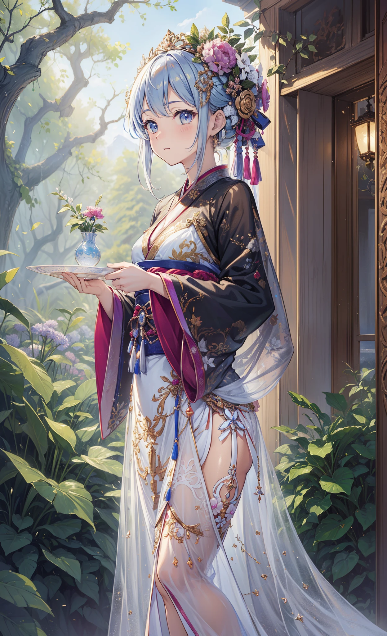 (tmasterpiece), ((Best quality at best)),(offcial art),(Beautiful indulgence:1.2),(a skirt),(1 girl: 1.3), Beautiful woman wearing densely designed hanfu，Sheer transparent clothes， sealed in a crystal, Beautiful woman who grew up with trees，Receive seal crystal. Midnight moonlight，it emits a faint light. Detailed depiction of the. Vibrant colors. Colorful, highest details ((super detailing)),(highly detailed 2D illustration),((very delicate beautiful))super detailing,