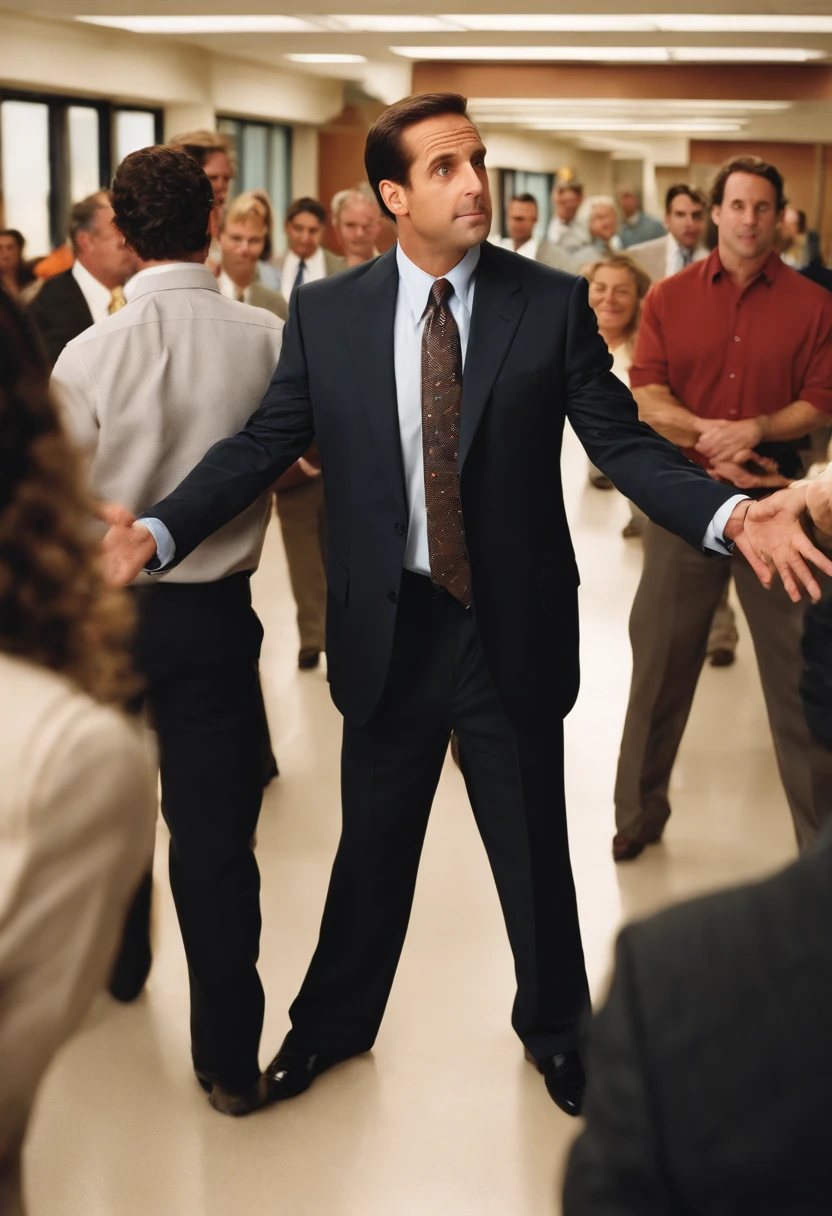 A photo of Michael attempting to learn how to salsa dance,The Office TV show,Michael Scott, the fictional character from “The Office,” is a middle-aged man with a receding hairline and a penchant for ill-fitted suits, which adds to his somewhat awkward and unpolished appearance. He often carries a goofy, sometimes childlike expression, complementing his attempts to be liked and seen as humorous by his employees. , male
