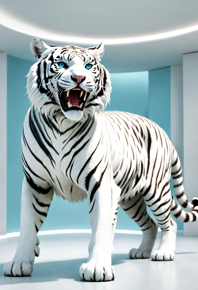 (Best quality at best,4K，Super quality，very refined，super complex，tmasterpiece),(( A white tiger turns its belly and acts coquettishly))，(Correct anatomy)，Clear facial features，Interior design space decorated in white marine style