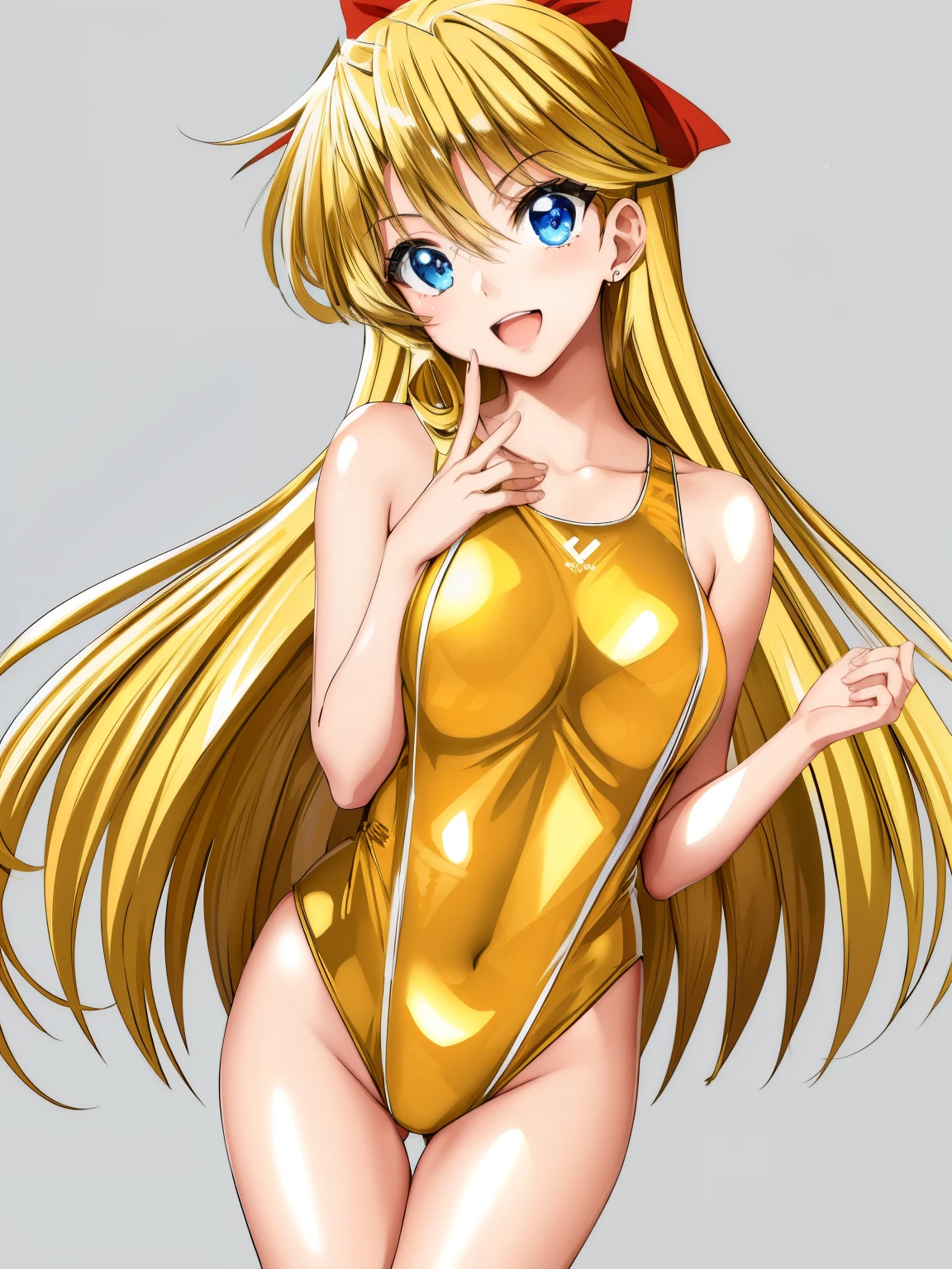 an anime girl、a matural female、beautiful a girl、solo、girl wearing a swimsuit、very long blonde girl、rating:safe、onepiece swimsuit、 Anime girl in a black and orange tank suit、Anime girl wearing a black and gold tank suit、 Black and orange high leg racing swimwear、Black and gold high-leg racing swimwear、huge tit、Woman with very large breasts、garments:High-cut swimwear、shiny、Blue-eyed girl、shiny_clothes、Swimsuit for swimming competitions、grey_background、girl with half up hair、open_mouth、Flyback、shiny_skin、covered_navel、cowboy_shot、smile、thigh_gap、shiny_hair、Competitive swimsuit、High Leg Racing Swimwear、looking_at_viewer、;d、simple_background、collarbone、blush、Anime girl standing、earrings、The best girls in anime、artwork in the style of guweiz、Detailed Digital Anime Art、perfectly shaded body、realistic anime 3 d style、beautiful attractive anime girl、realistic anime art style、realistic shaded perfect body、