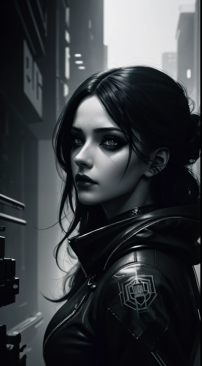 a digital painting of a woman with black and white makeup, cyberpunk art by Anna Dittmann, cgsociety, gothic art, dystopian art, detailed painting, behance hd, deep photography, Ilford HP5 film, crushed blacks, depth of field, dark photo, film grain, shadows, natural light