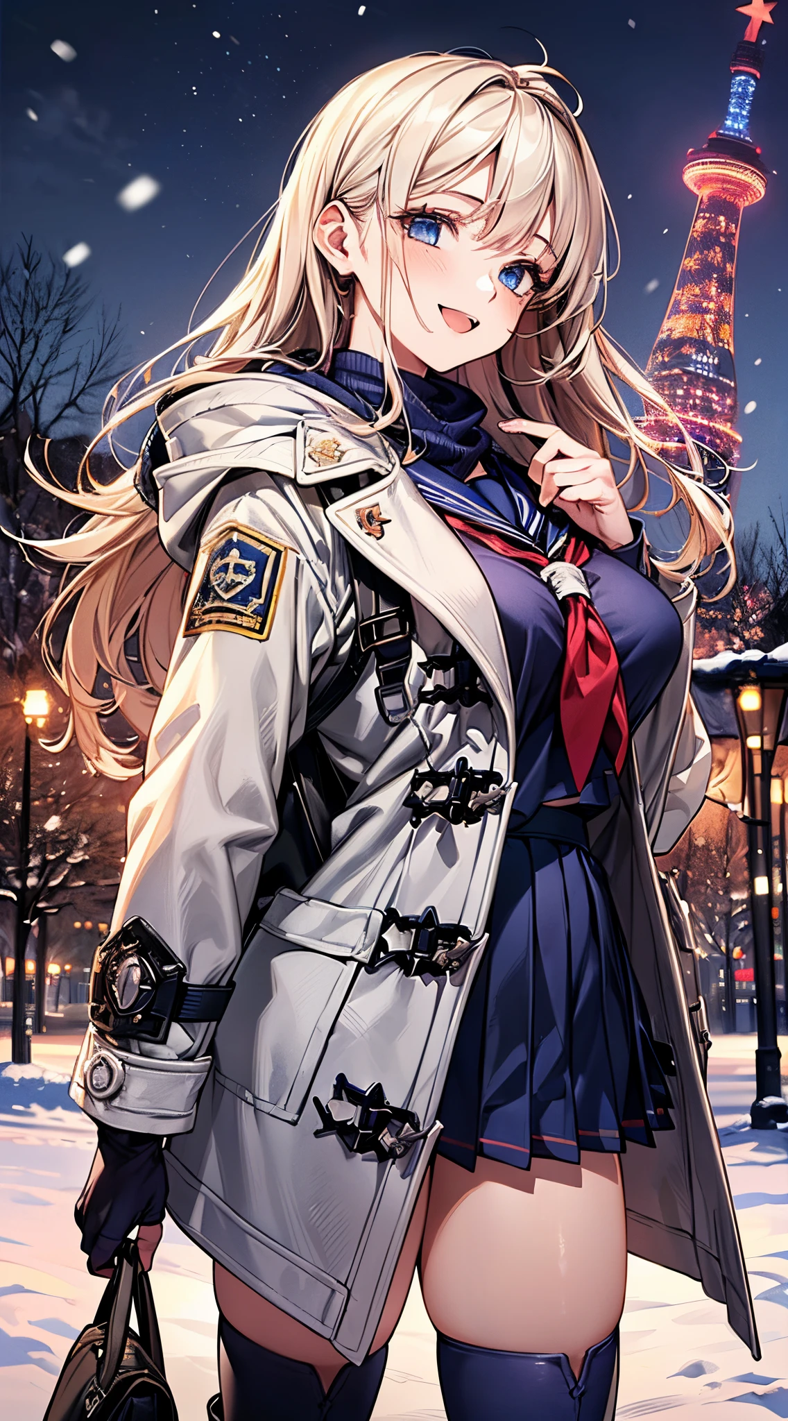 ((((perfect anatomy, super detailed skin)))), 1 girl, japanese, high school girl, shiny skin, large breasts:0.5, looking away, looking up, watching the view, from below,
beautiful hair, beautiful face, beautiful detailed eyes, (long hair:1.7, side ponytaail:1.5), blond hair, blue eyes,
beautiful clavicle, beautiful body, beautiful chest, beautiful thigh, beautiful legs, babyface, mole under eye,
(((gray duffle coat), ((long sleeves)), all navy sailor suit, navy pleated skirt, navy sailor collar, red sailor scarf, thigh-highs, short boots), school bag, cross necklace), seductive thighs, ,
((smile:1.5, open your mouth wide)), walking,
(beautiful scenery),winter, midnight, hokkaido, sapporo, odori park, christmas, (christmas tree), illumination, tv tower, snow, snowfall:1.5, freezing weather, frost,
(8k, top-quality, masterpiece:1.2, extremely detailed), (photorealistic), beautiful illustration, cinematic lighting,