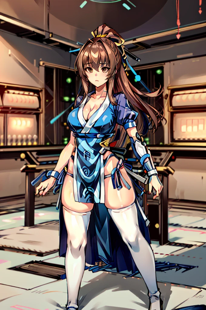 (masterpiece, best quality:1.3)
KasumiDOA, 1girl, solo, long hair, breasts, looking at viewer, bangs, large breasts, brown hair, thighhighs, dress, ribbon, cleavage, brown eyes, medium breasts, underwear, standing, panties, hair ribbon, braid, short sleeves, cowboy shot, japanese clothes, puffy sleeves, white thighhighs, puffy short sleeves, lips, sash, pelvic curtain, yellow ribbon, realistic, nose, arm guards, kote,hypnoLora,
empty eyes,Upright Pose,(Inside a futuristic and complex laboratory:1.6),hands and feet tied to machines
