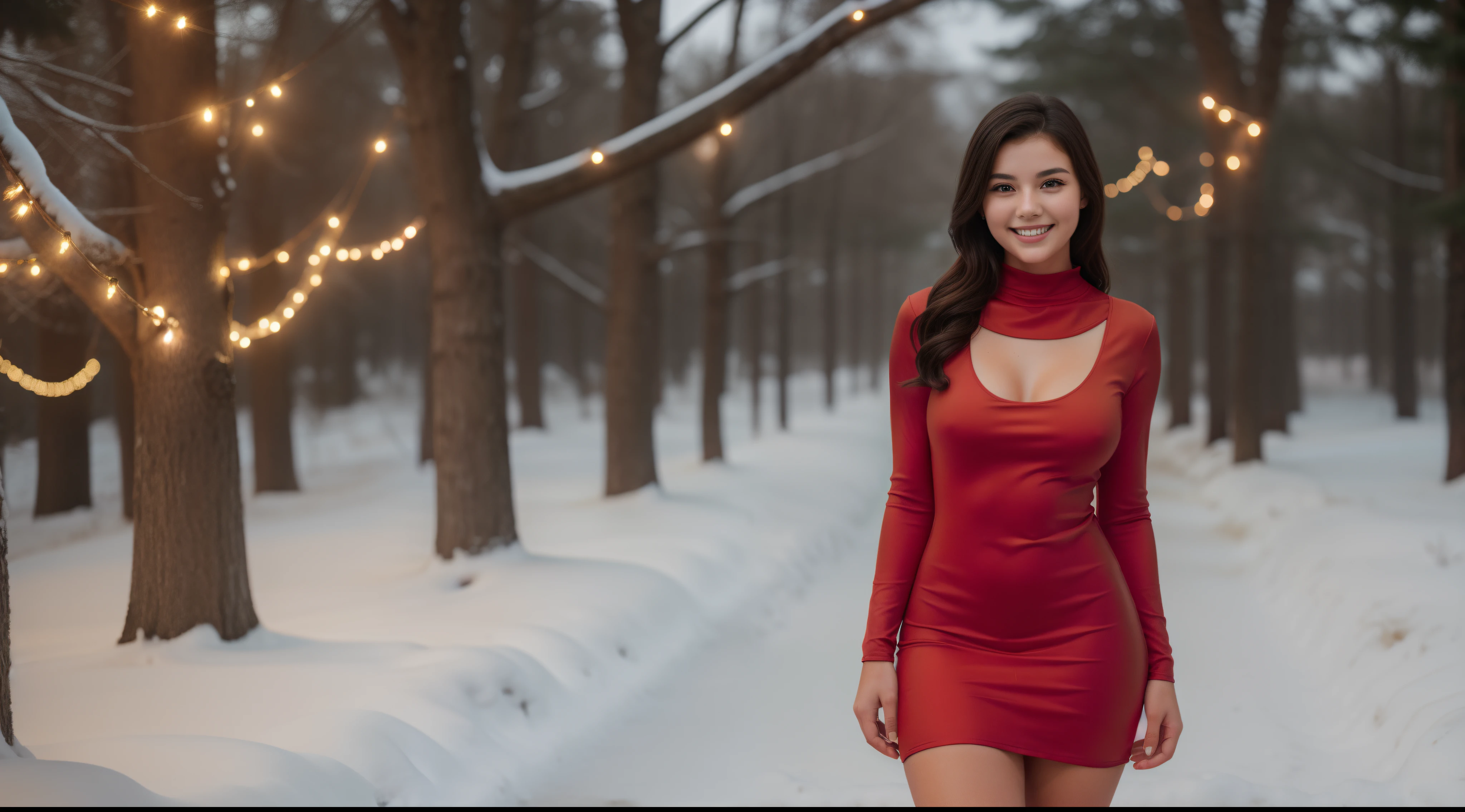 A  celebrating Christmas alone in her backyard. [Her face is combination of (((irene1:1.2))) and (((Excella_er5:1.2)))]. ((She is wearing a (red:1.4) low-neck ultra-short minidress:1.4)). Her (cleavage) was visible from her (large breasts:1.2). She has black hair,tall and slender body,(192cm tall),thin and delicate figure,graceful posture,happy smile,sparkling eyes.
(cinematic-shot), (full-body), (material) oil painting, (additional details) snow-covered ground, beautifully decorated Christmas tree, flickering candlelight, warm and cozy atmosphere, (image quality) best quality, 4k resolution, high-resolution masterpiece:1.2, ultra-detailed, (art style), (color palette) soft and warm tones, (lighting) soft warm lighting.