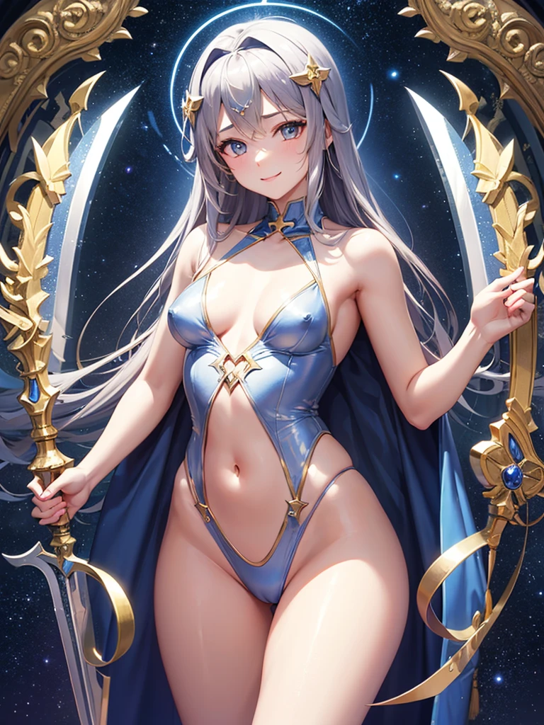 (NSFW:1.3)、8K ultra-high resolution graphics、Ultra-detailed graphics、Very detailed illustrations、masuter piece、dynamic ungle、1人の女性、A 、Goddess of War、Slender body、Shiny blue and gold metal slingshot swimsuit armor、goddess hair ornament、beautiful shining silver hair、Super long straight hair、(Dancing hair:1.3)、(Proud smile:1.2), Beautiful eyes drawn down to the smallest detail、(Smaller chest:1.1)、(Small buttocks:1.7)、cleavage of the breast、a navel、thighs thighs thighs thighs、Fantastic space background with starry sky and blue theme、Make the entire screen shine、(A beautiful holy sword is held in his hand.:1.5)、