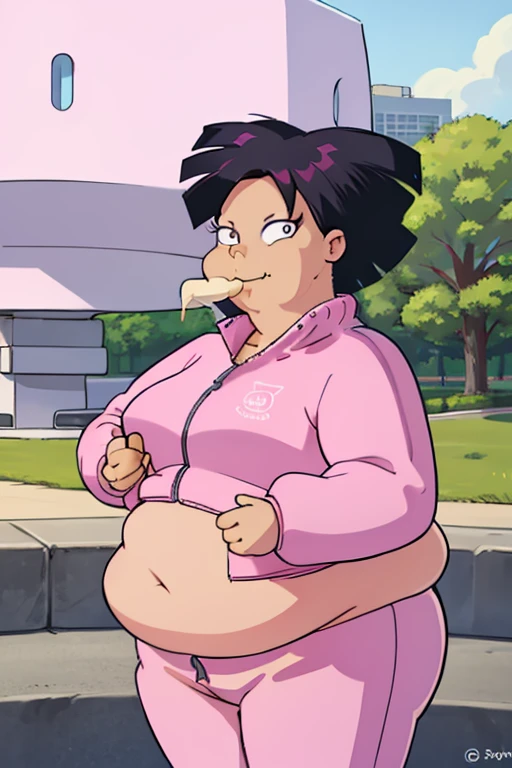 obese amy wong,short black hair, wearing a pink track suit, visible navel, fat belly, fat arms, fat neck, thick thighs, 
playful pose, looking at viewer, smiling, happy
outside, central park, sunny, eating ice cream
beautiful detail, natural lighting, cuddly ambiance,  HDR,