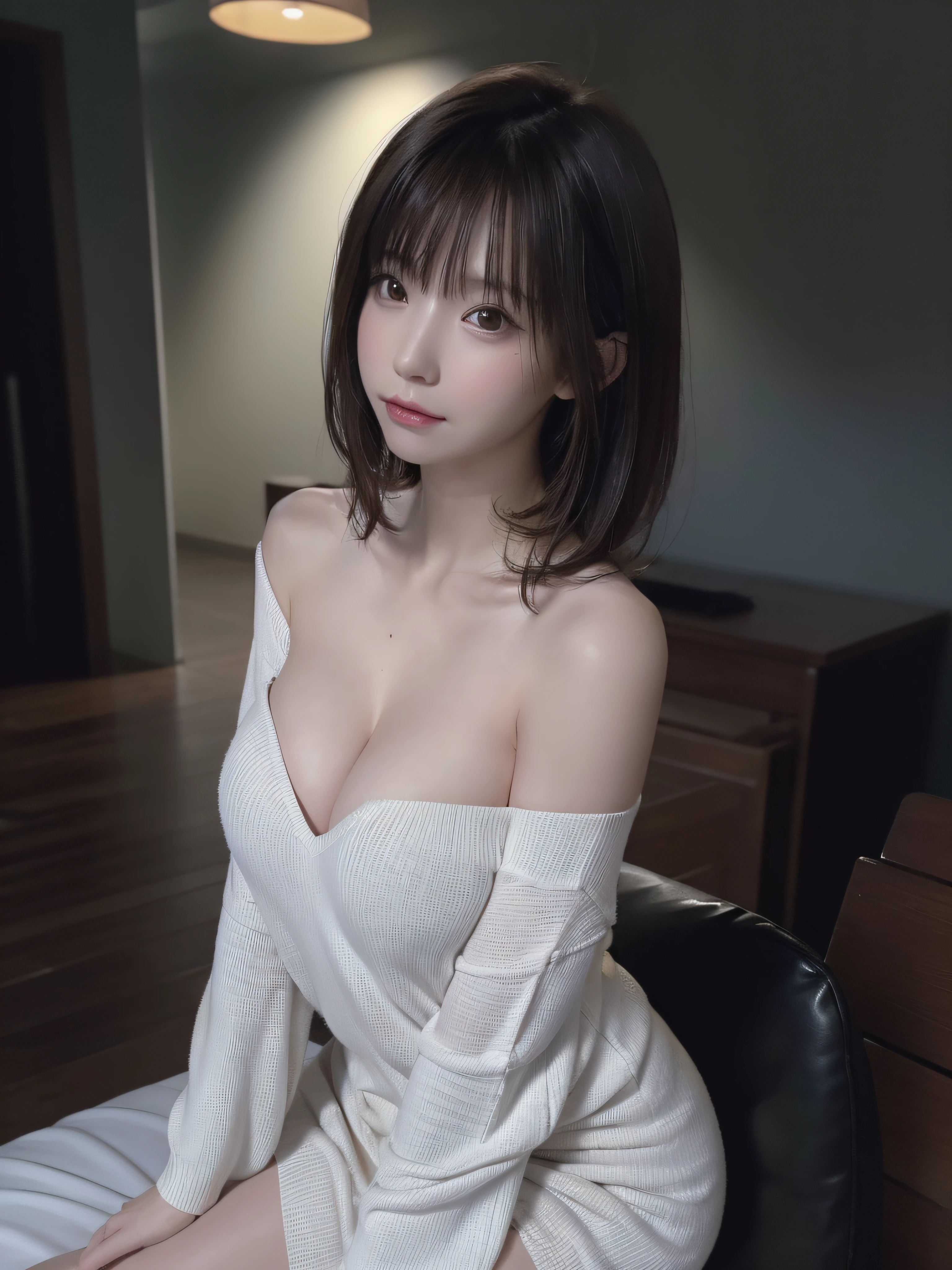 (​masterpiece, 8K, high resolution, Photorealsitic, Raw photography, Top image quality: 1.4), depth of fields, very detailed and professional lighting, (from side view, focus cleavage of the breast:1.3), 
Japanese girl, pretty woman:1.4, sitting,
light brown hair, modest brown hair, Loose curly hair, 
Perfect face, Super Detail Face, Detailed eyes, 
perfect boobs, full soft breasts and white skin, cleavage of the breast:1.2, Beautiful legs, slender, sexual facial expression,  
Sweater with wide chest area, off shoulder, Loose cleavage of the breast, (thigh visible, almost see panty, Nipples are almost visible),