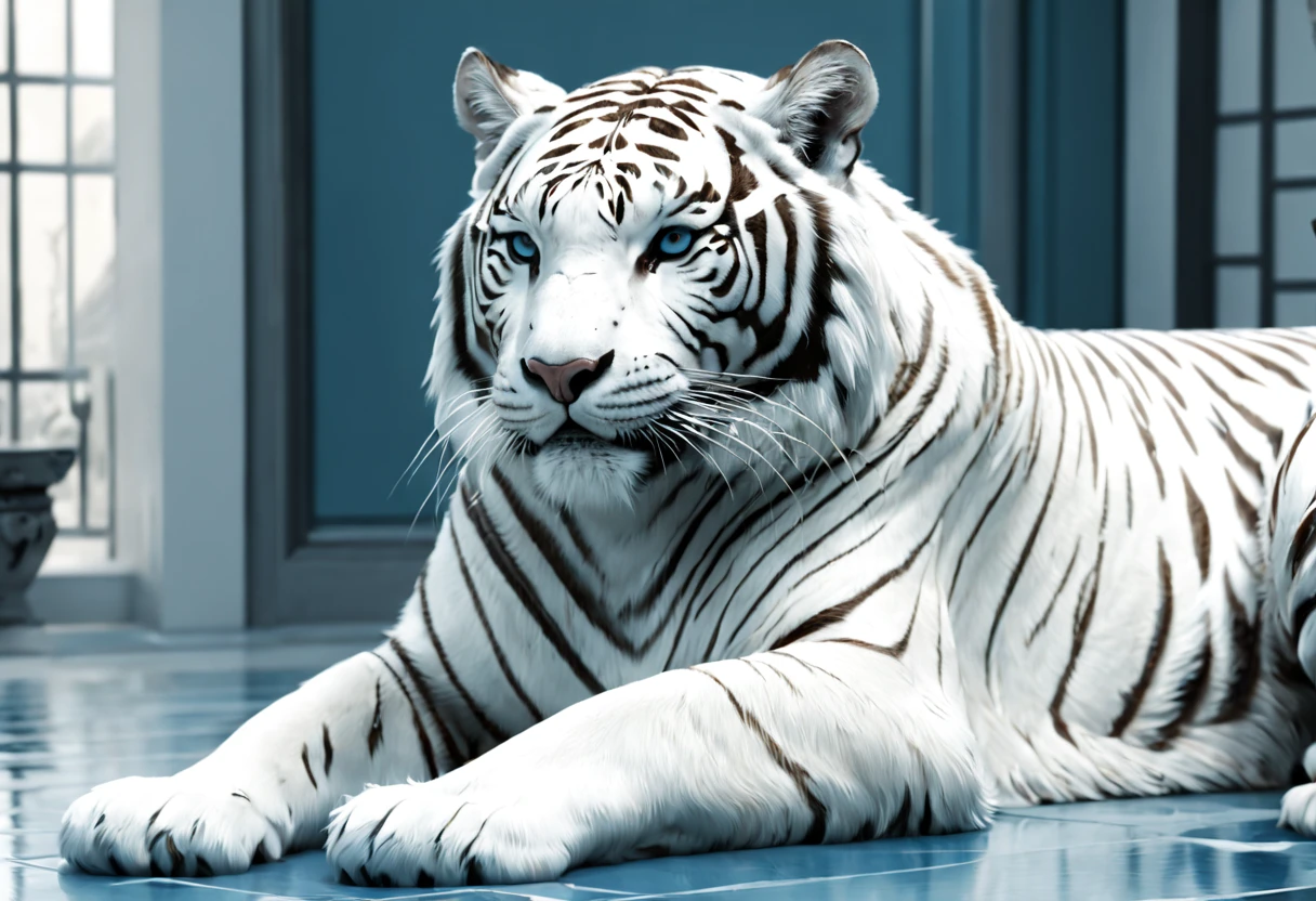 (Best quality,4K,Super quality,very refined,super complex,tmasterpiece),(( The white tiger turns over his belly and acts coquettishly)),(Correct anatomy),Clear facial features,Interior design space decorated in white marine style