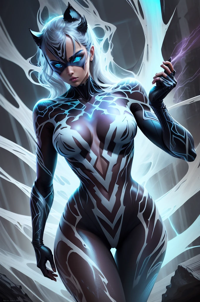 4K UHD illustration,  upscaled professional drawing HDR,  from DC comics in dynamic pose, full body image (:1.8) stunningly beautiful woman, intense blue eyes,  eyebrows tanned skin tone, detailed catwoman mask, gloss black form fitting full length bodysuit,  full lips, lips parted looking-into-camera, glowing lightning in background, swirling smoke eminating from fingertips, abandoned dojo background, detailed night time, thunderstorm atmosphere, glowing blue eyes emitting eeire spectral glow, purple lightning thunderstorm in background, 300dpi, masterpiece style, painting style, stroke style in a dark background,watercolor, charcoal, pen & Ink, tshirt design style, aesthetic for Tshirt design, darktone