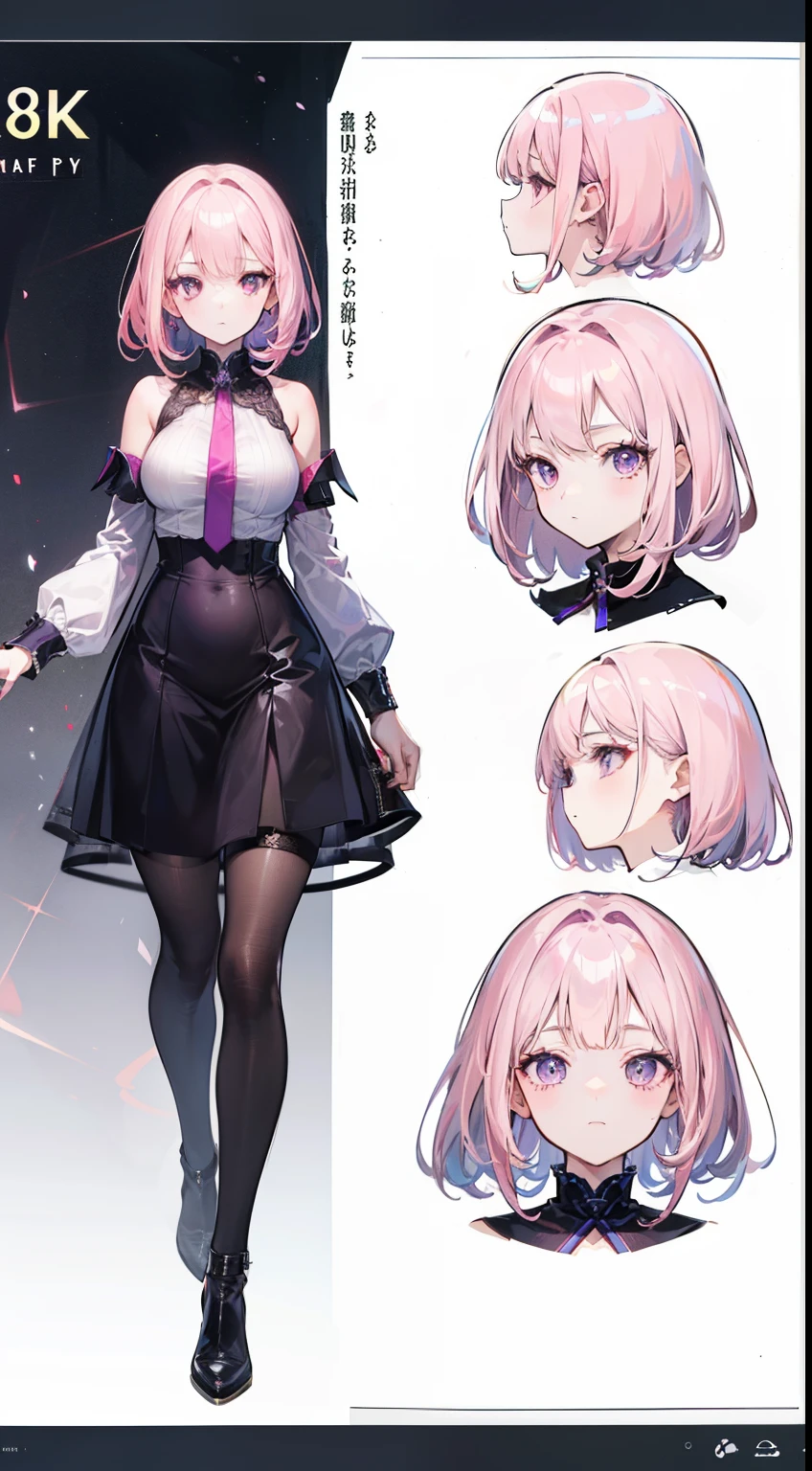 (((8K,top-quality)))1 young girl, character sheets, concept-art, full body Esbian, (masterpiece:1.2), (Top image quality:1.3), 1girl in, is standing, length hair,Adulterous demons,Light pink hair,purple eyes arrive,obscene stamp