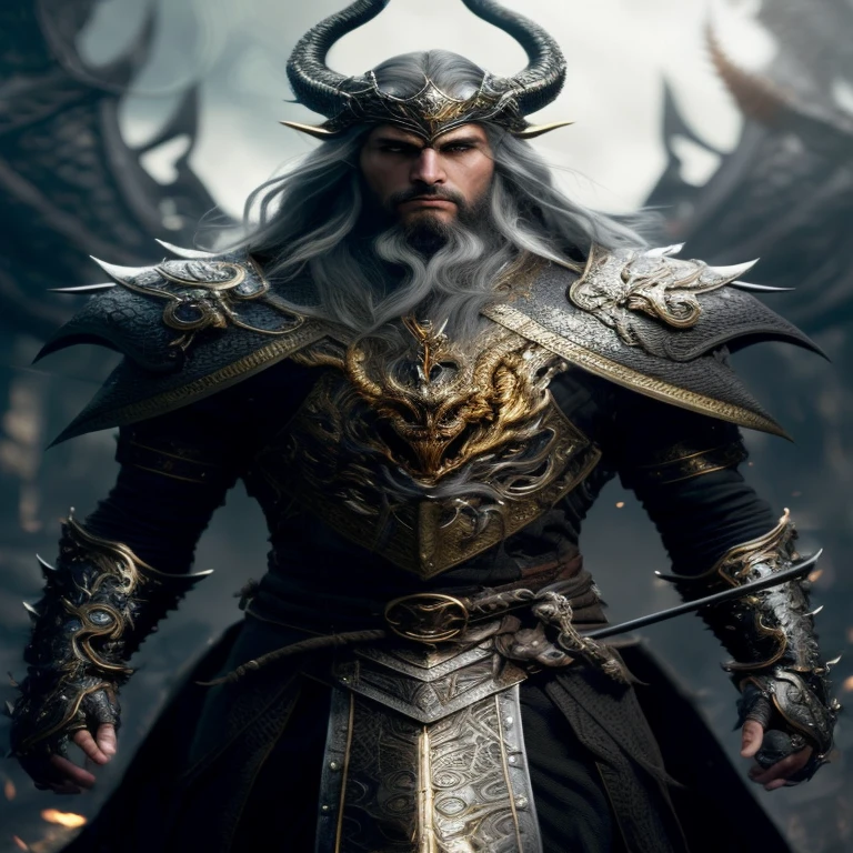 A (full body:1.3) shot at 8k resolution, best quality masterpiece, photorealistic, intense look, anatomical photorealistic digital painting portrait of a (male, muscular human warrior:1.3) in (black gold dragon scale intricate light armor:1.3) in a (mystical dark biomechanical environment:1.3), facial hair, long beard, light particle, very detailed skin, samurai holding golden katana, very detailed eyes, (elden ring style:1.3), long silver hair, (elvish kings armour style:1.1), concept artist, global illumination, depth of field, splash art