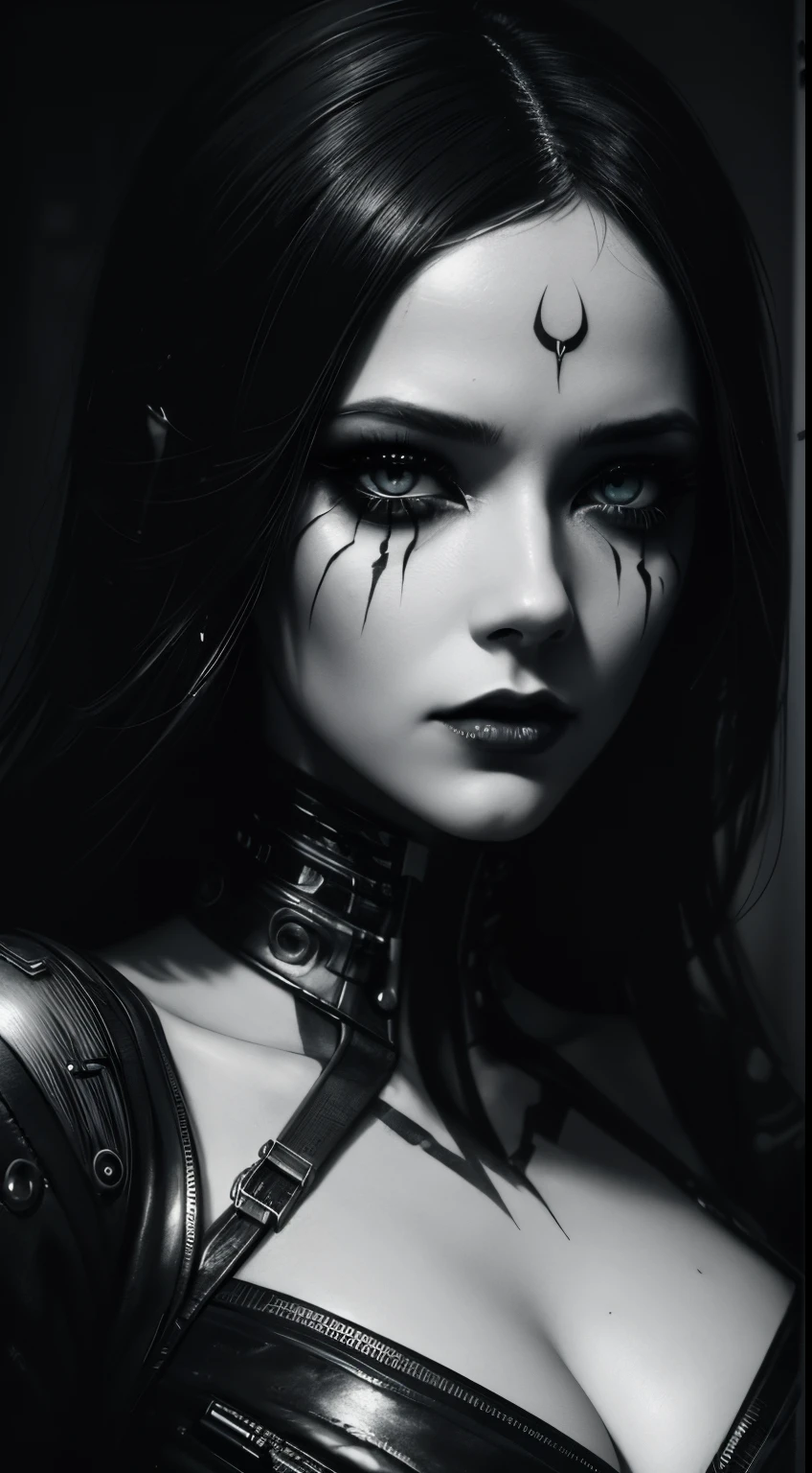 a digital painting of a woman with black and white makeup, cyberpunk art by Anna Dittmann, cgsociety, gothic art, dystopian art, detailed painting, behance hd, deep photography, Ilford HP5 film, crushed blacks, depth of field, dark photo, film grain, shadows, natural light