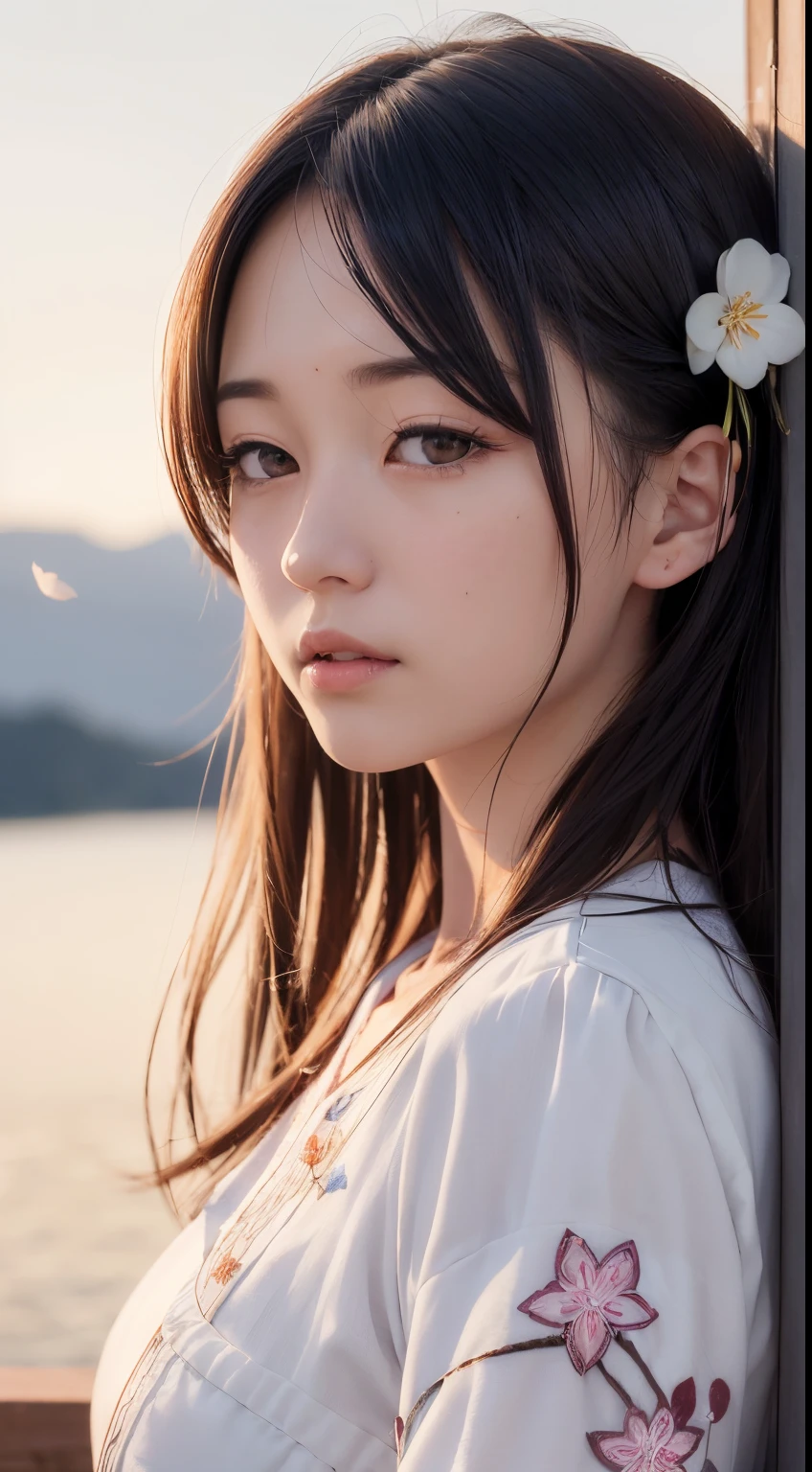 (A logo、masterpiece、8K、masutepiece、Raw photo、Fantastic、Best Quality、Photorealistic、extremely detailed CG unified 8k wallpaper、hightquality、ighly detailed、epic poem、Particle effect、Dynamic effects、depth of fields、Cinematic Light、Lens Flare、Ray tracing)、Fantasia、 (Beauty 1 person、White Japanese Clothing、Japanese dress、White cherry blossom pattern、White cherry blossom embroidery pattern、A dark-haired、Beautiful face、Real Face、Beautiful detail eyes、Beautiful skin)、Hair flutters in the wind、Hair jumps、Pink cherry blossom tree、Petals flutter、Sakura blizzard、Superb view、morning glow、Sun in the background、the wind、Deities、tusk、myth、Vast Land、