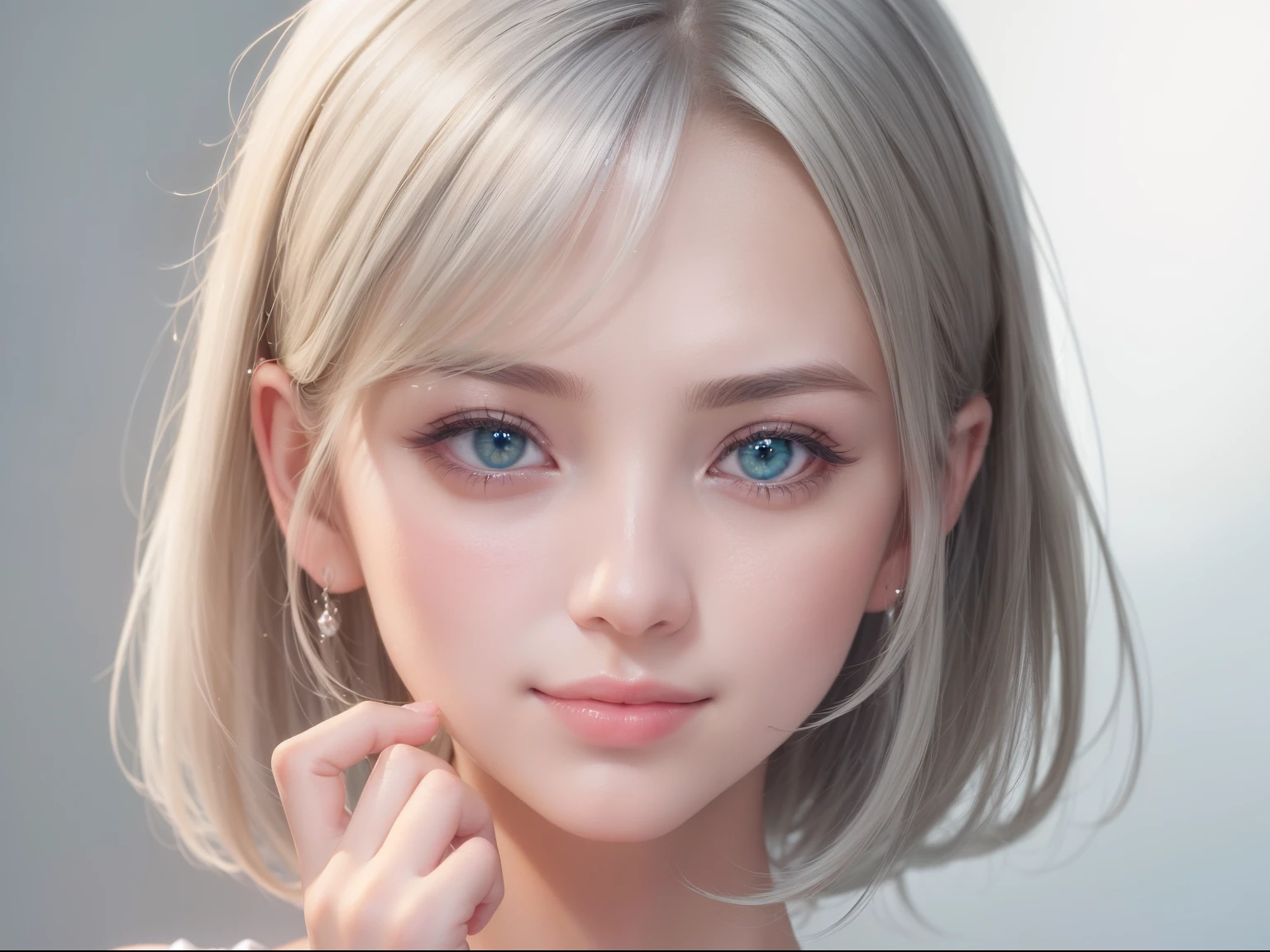 detailed face, cute face, master piece , best quality , woman , bowler hat , bangs , smile , outdoor, Shiny platinum blonde silky super short hair, side locks, beautiful shiny bangs, big clear sky blue eyes, very beautiful light eye highlights, earrings