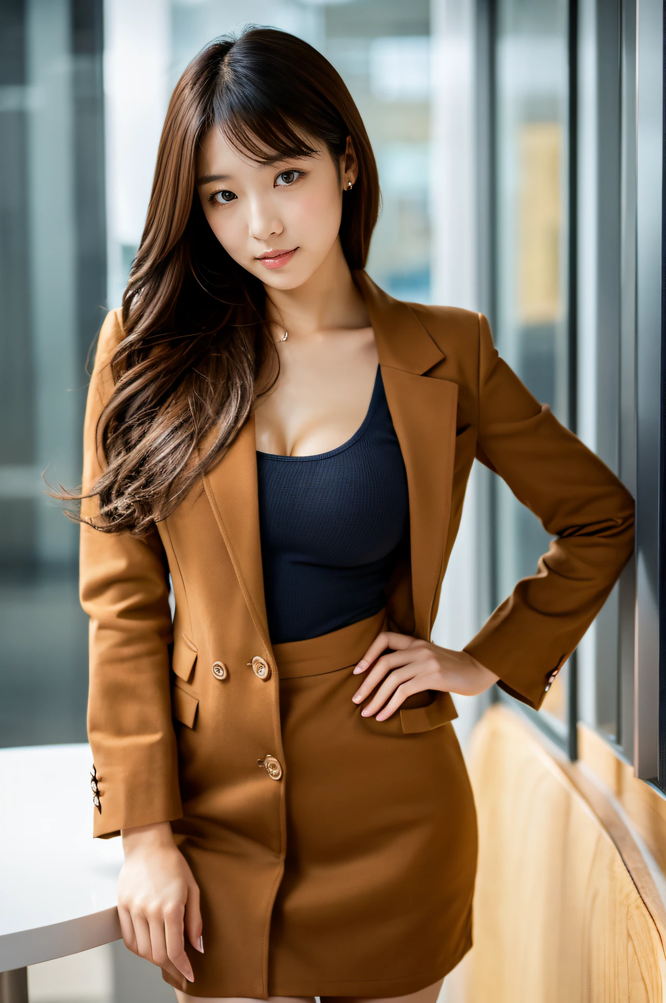 ultra-quality,An ultra-high picture quality,The ultra -The high-definition,masterpiece,超A high resolution,Fine skin,pretty hair,Deep shading,Contrasty,reallistic,A Japanese Lady,Beautyfull asian、kawaii,Young Pretty,large full breasts, In the office,jaket,Suits,skirt by the,Medium Hair,Pose randomly,Brown hair,Looking at the camera,undergarment,