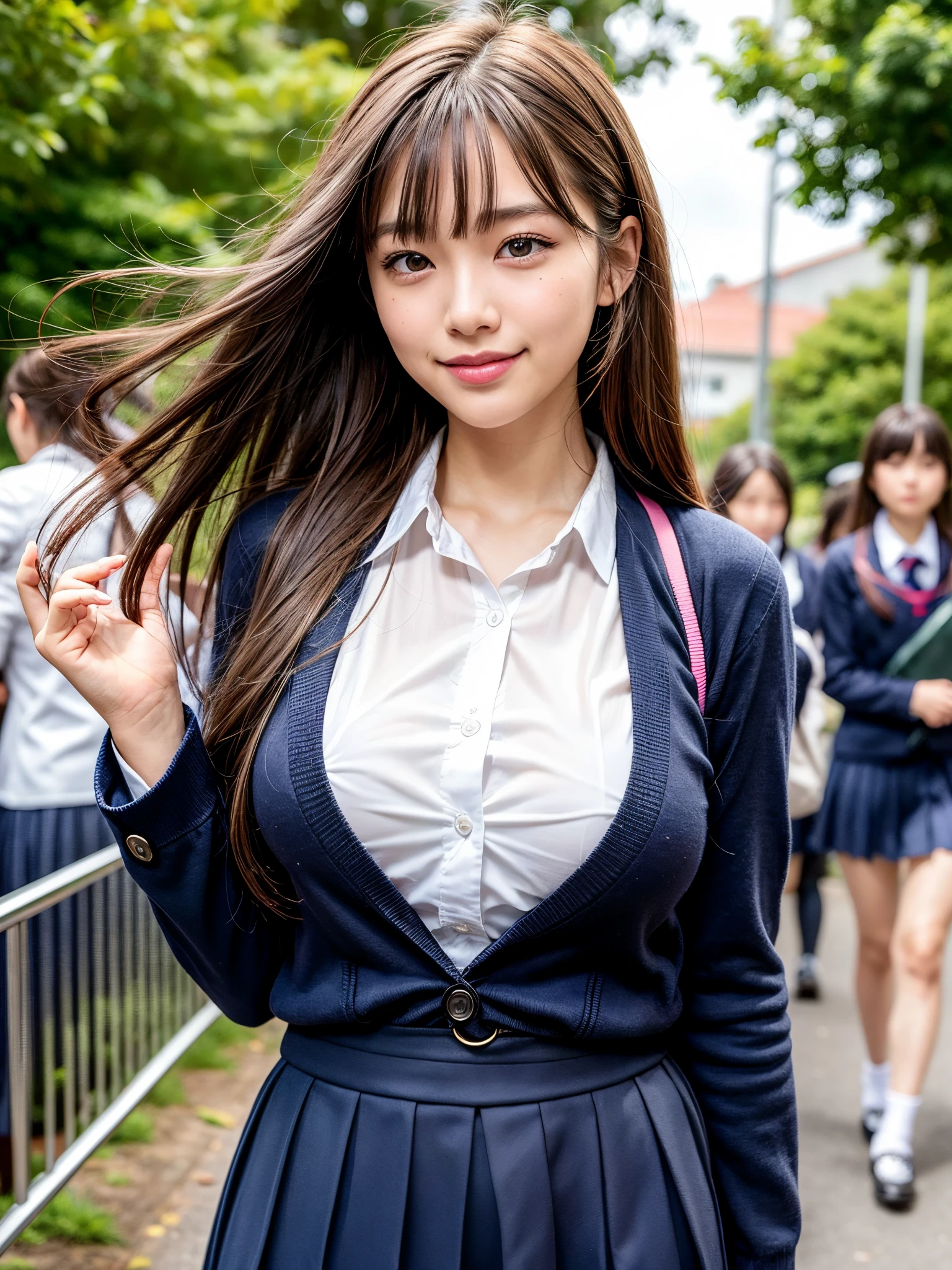8K,Best Quality, masutepiece, ultra-detailliert, 超A high resolution, Photorealistic, Raw photo, absurderes, absolutely resolution, 1girl in, upperbody shot, Looking at Viewer,a Japanese young pretty woman, hyper cute face, Glamorous figure, Large breasts,Long bob hair,Smile,(School uniform:1.3),Beautiful eyes,(Windy:1.3), Walking down a crowded road with a smile,Glossy lips, Double eyelids in both eyes, Natural makeup, long eyelashes, Glossy smooth light brown long bob hair, asymmetrical bangs, Shiny skin, central image, High resolution, high detailing, detailed hairstyle, Detailed face, spectacular movie lighting, Octane Rendering, Vibrant, Hyper realistic, Perfect limbs, Perfect Anatomy