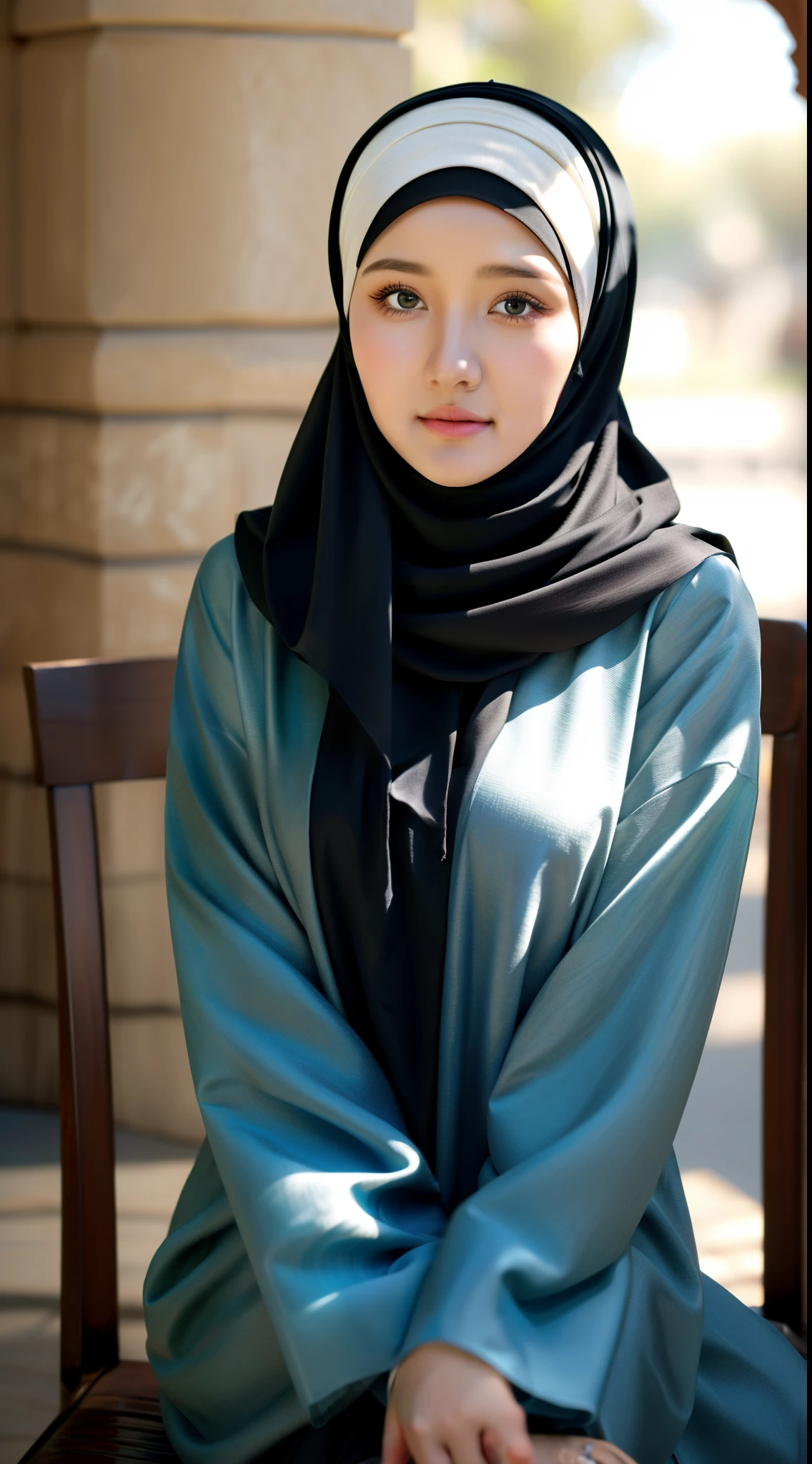 1girl, solo, beautiful face, high detailed realistic eyes, double eyelids, high detailed realistic pupils, (upon body from head to waist:1.36), (wearing hijab:1.37), (moslem headscarf:1.37), reading glasses, sitting alone on a long chair, amazing mosque park background, taj mahal, best quality, masterpiece, highres, black and white moslem female dress, Beautiful face, (upon body from head to waist:1.35), tyndall effect, photorealistic, dark studio, two tone lighting, 8k uhd, dslr, soft lighting, high quality, volumetric lighting, candid, Photograph, high resolution, 4k, 8k, Bokeh, (hyperrealistic girl), (illustration), (high resolution), (extremely detailed), (best illustration), (beautiful detailed eyes), (best quality), (ultra-detailed), (masterpiece), (wallpaper), (photorealistic), (natural light), (rim lighting), (detailed face), (high detailed realistic skin face texture), (anatomically correct), (heterochromic eyes), (detailed eyes), (sparkling eyes), (dynamic pose), (hair completely covered by the hijab:1.35), looking to viewer