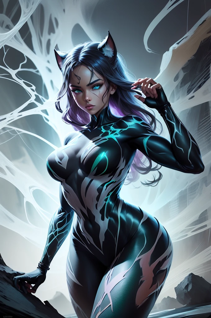 4K UHD illustration,  upscaled professional drawing HDR,  from DC comics in dynamic pose, full body image (:1.8) stunningly beautiful poison ivy, intense green eyes,  eyebrows tanned skin tone, detailed catwoman mask, gloss black form fitting full length ????????,  full lips, lips parted looking-into-camera, glowing lightning in background, swirling smoke eminating from fingertips, abandoned dojo background, detailed night time, thunderstorm atmosphere, glowing blue eyes emitting eeire spectral glow, purple lightning thunderstorm in background, 300dpi, masterpiece style, painting style, stroke style in a dark background,watercolor, charcoal, pen & Ink, tshirt design style, aesthetic for Tshirt design, darktone