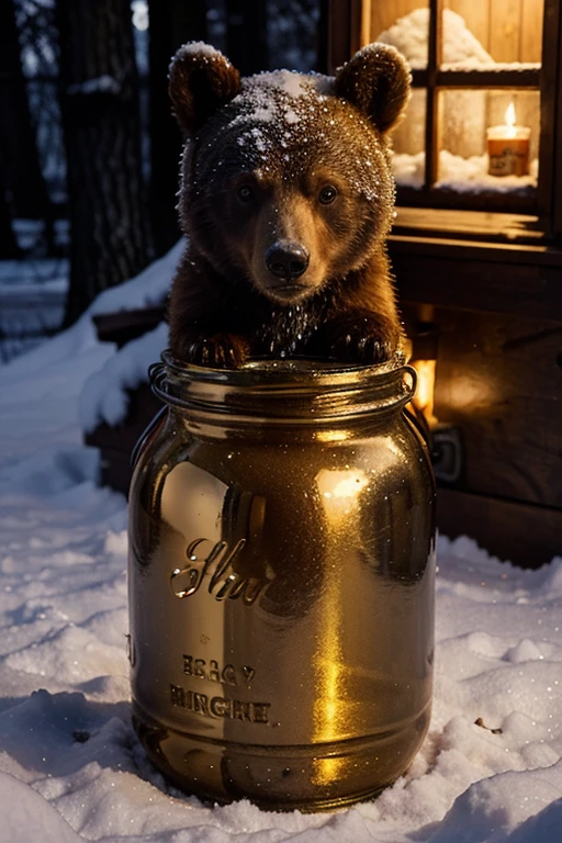 A bear cub in the winter Christmas forest in the moonlight, holding a honey jar, fantasy, extremely large snowflakes in the background.