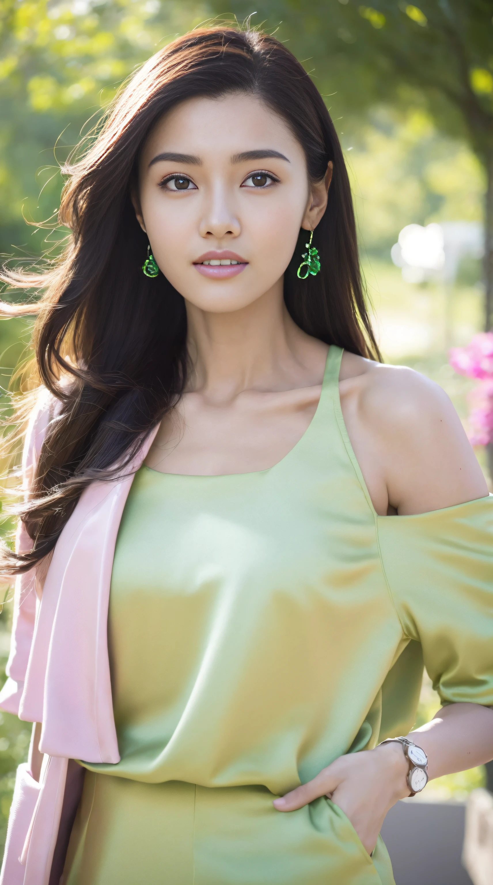 Fashion model 18 years old [[[[Close-up cleavage]]]], [[[[climaxing]]]], [[[[rapeseed]]]], [[[[bshoulders]]]], perfect  eyes, Perfect iris，perfect lips，perfect teeth，Perfect Skin，with fair skin，HighDynamicRange，Movie Girl，(delicated face)，(Highly defined faces)，Pink casual wear，The background is green trees，fresh flowers，4K Ultra HD, 超高分辨率, (realistically: 1.4), Best quality at best，tmasterpiece，（pastel colour：1.2）
