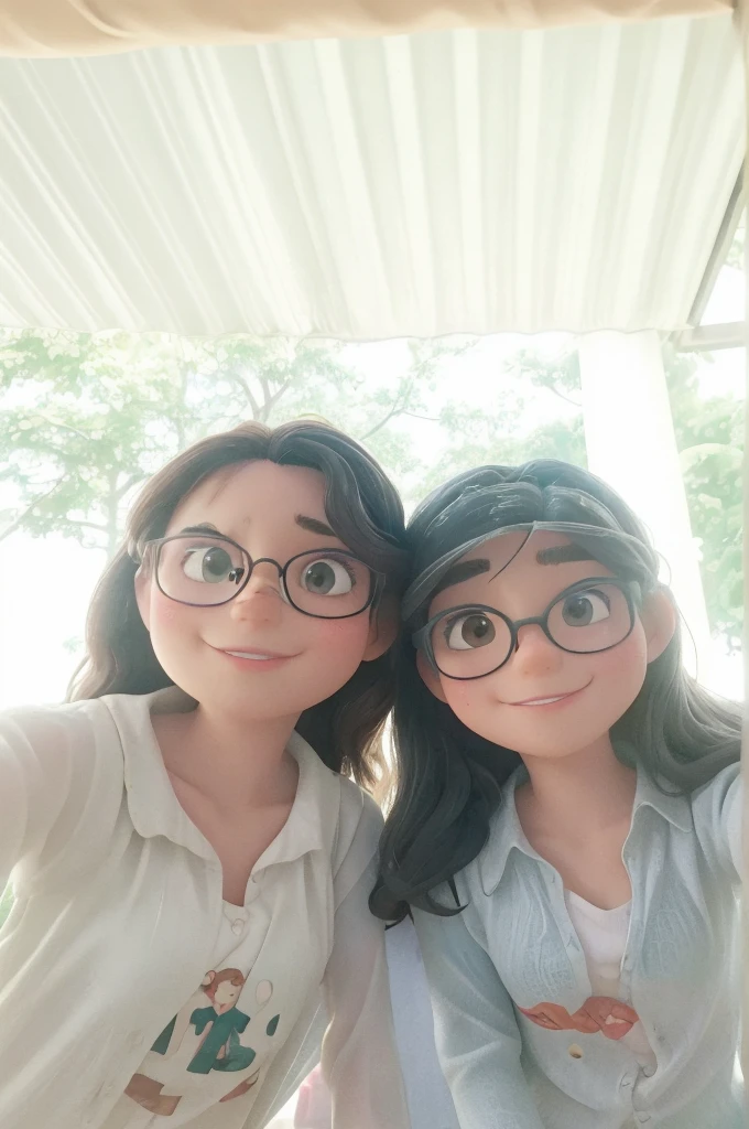 two women are posing for a picture while wearing glasses, with ivy, a picture, scandy and arender, pov photo, with wet faces!!, selfie photo, not blurry, low quality photo, blurry image, selfie, non blurry, with wart, low quality photograph, vacation photo, with her long, roomies, very very low quality picture, distorted photo