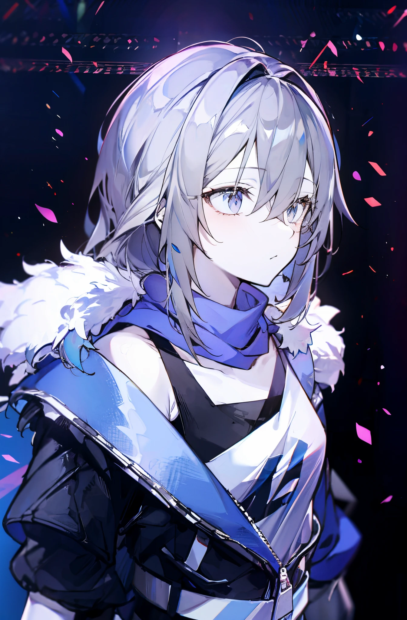 (masterpiece:1.2), (pale skin:1.2), (solo:1.2), (female:1.1), (emphasis lines:1.3), long hair, gray hair, blue scarf, black coat, black gloves