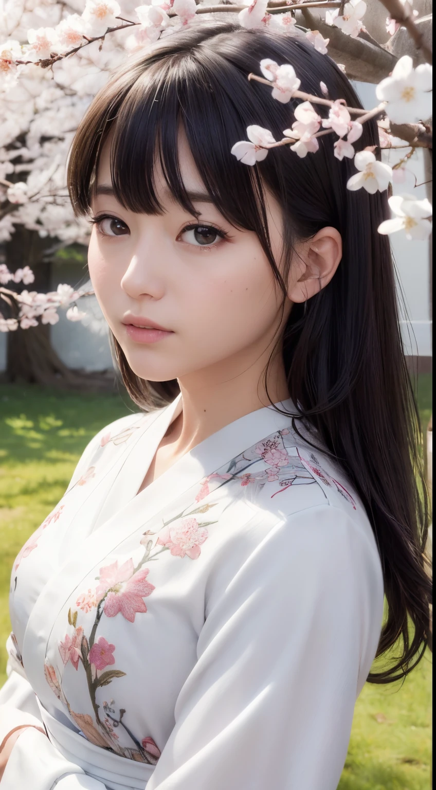 (A logo、masterpiece、8K、masutepiece、Raw photo、Fantastic、Best Quality、Photorealistic、extremely detailed CG unified 8k wallpaper、hightquality、ighly detailed、epic poem、Particle effect、Dynamic effects、depth of fields、Cinematic Light、Lens Flare、Ray tracing)、Fantasia、 (Beauty 1 person、White Japanese Clothing、Japanese dress、White cherry blossom pattern、White cherry blossom embroidery pattern、A dark-haired、Beautiful face、Real Face、Beautiful detail eyes、Beautiful skin)、Hair flutters in the wind、Hair jumps、Pink cherry blossom tree、Petals flutter、Sakura blizzard、Superb view、morning glow、Sun in the background、the wind、Deities、tusk、myth、Vast Land、